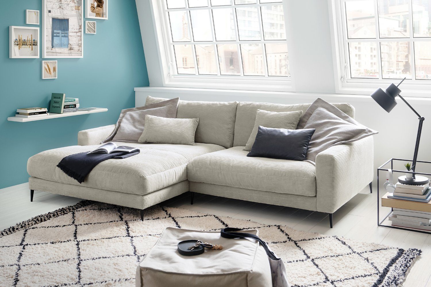 Recamiere Sofa links KAWOLA rechts, hellgrau Farben CARA, Cord, versch. od. Ecksofa