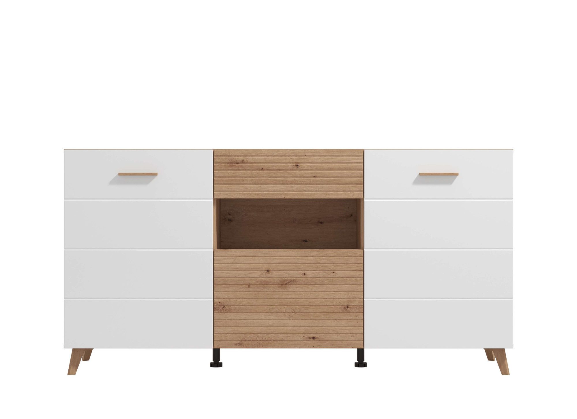 Home affaire Kommode Bretagna Sideboard, Schubladenschrank, Breite 173 cm, viel Stauraum, mit Holzgriffen, mit drei Regalen, in Artisan Eiche