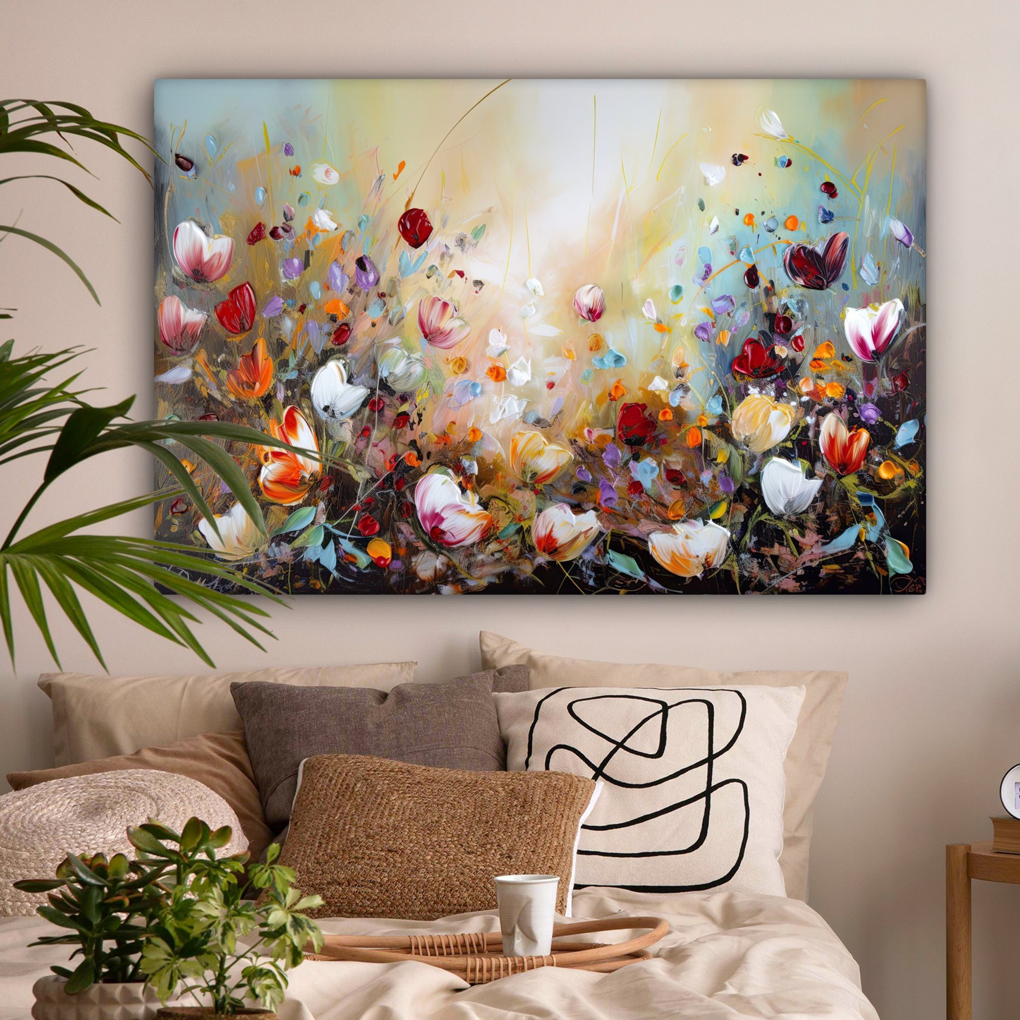 (1 Wohnbereiche, - Farbenfroh Natur, - cm Gemälde, 120x80 OneMillionCanvasses® Ölfarben Blumen St), XXL, Leinwandbild für alle - großes, Wandbild