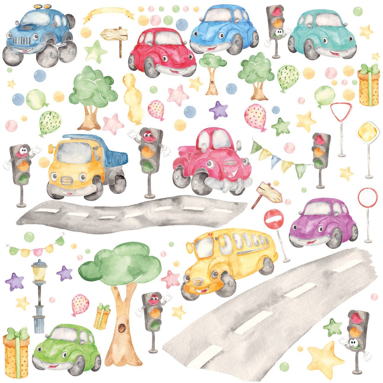 Sunnywall Wandtattoo XXL Auto Wandtattoo Set Kinderzimmer Aufkleber