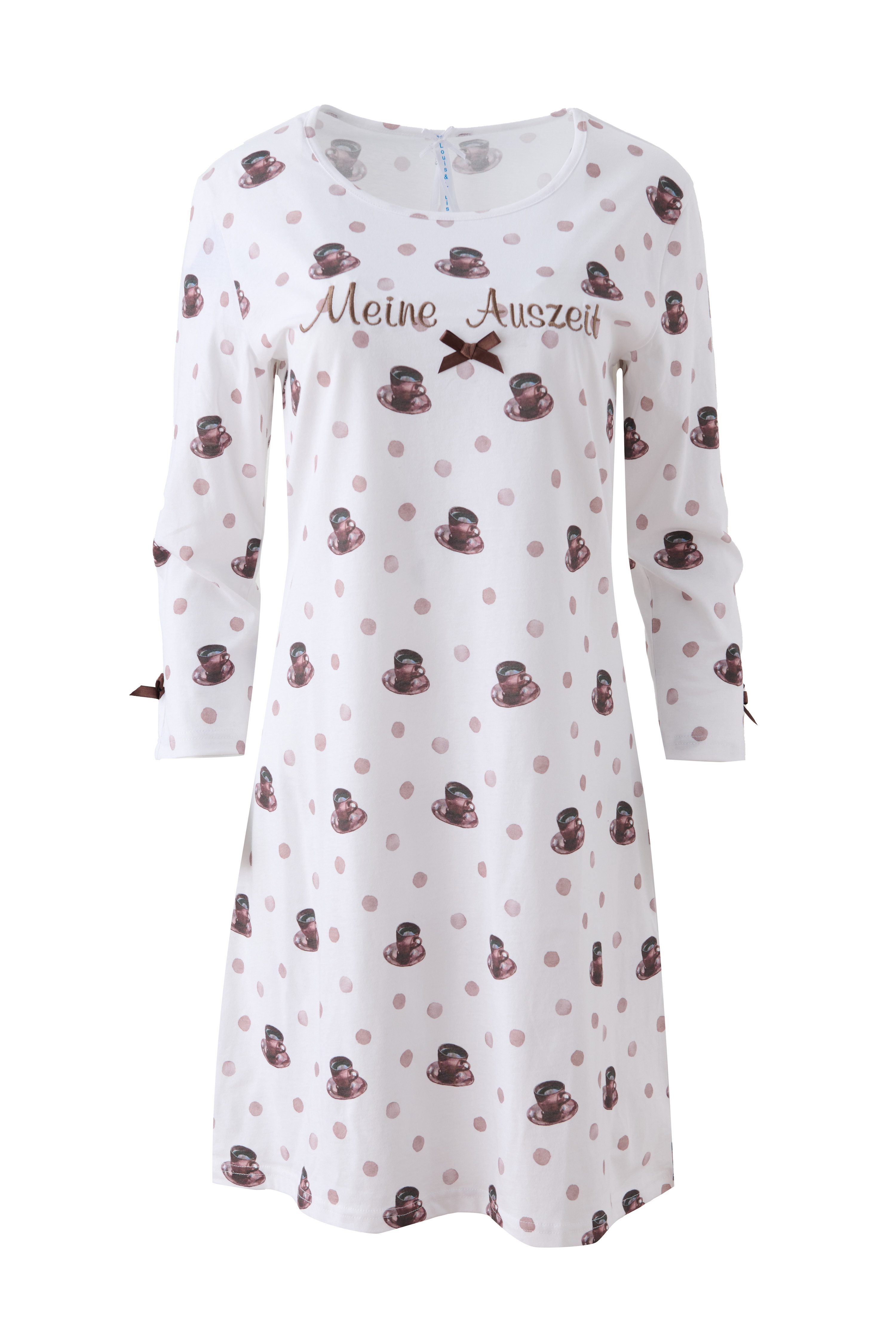 Louis & Louisa Nachthemd Louis & Louisa Nachtkleid "Meine Auszeit" weiß allover mit Stick und Schleife