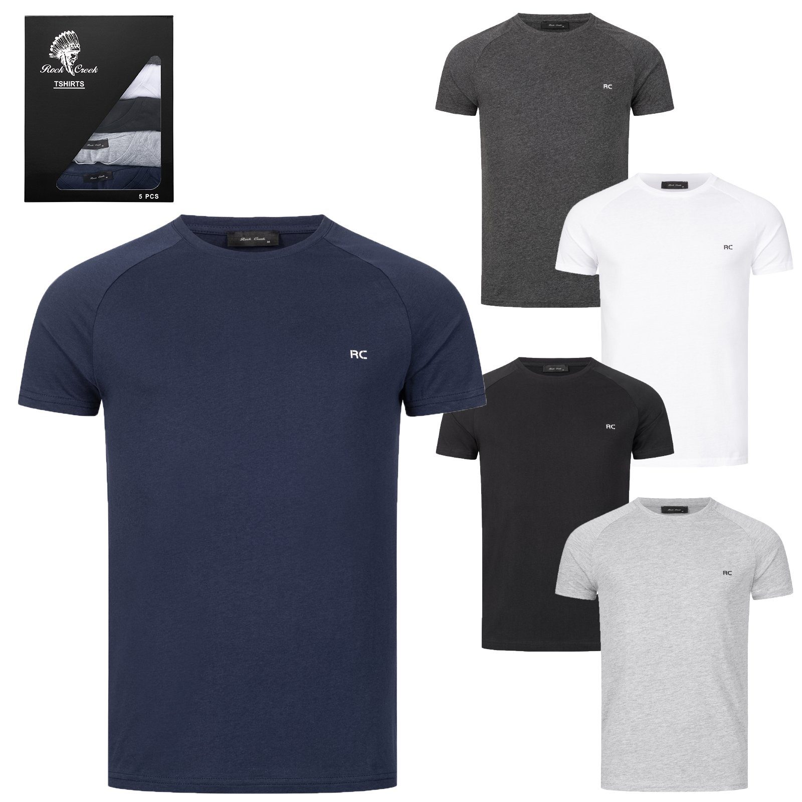 | 5er-Set Dunkelblau Weiß | Rock (5er-Pack) H-274 T-Shirt | Herren T-Shirt Rundhalsausschnitt Creek Schwarz Grau