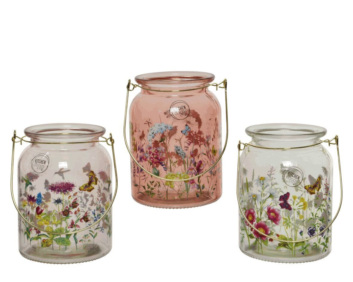mit season Decoris Henkel 15cm Glas mit decorations Windlicht Windlicht, 1 sortiert Stück Blumen Motiv