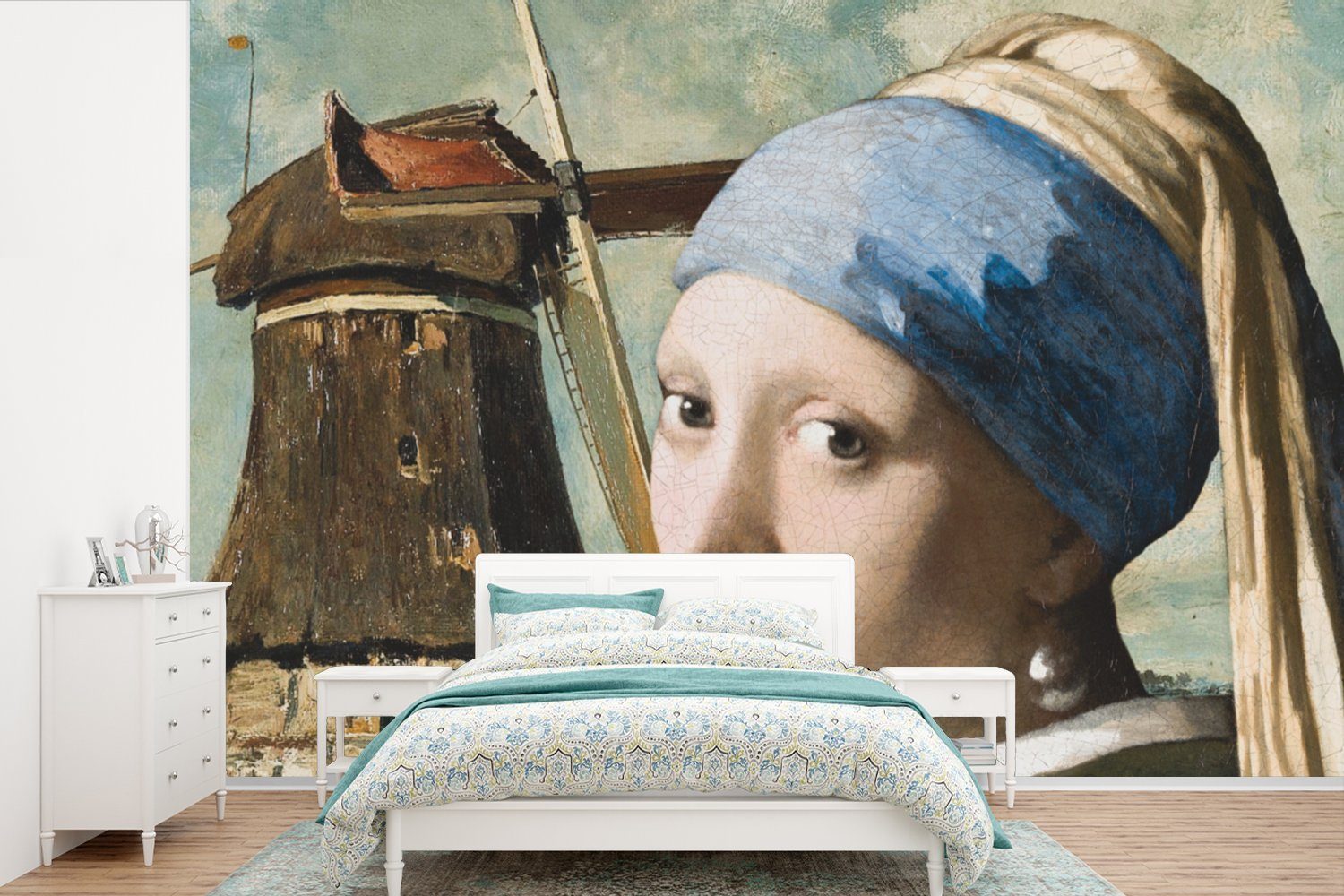 (6 Vinyl Tapete Wallpaper Wohnzimmer, Schlafzimmer, St), Mädchen Vermeer, für Matt, Kinderzimmer, mit MuchoWow Perlenohrring Fototapete dem - Das bedruckt, Mühle -