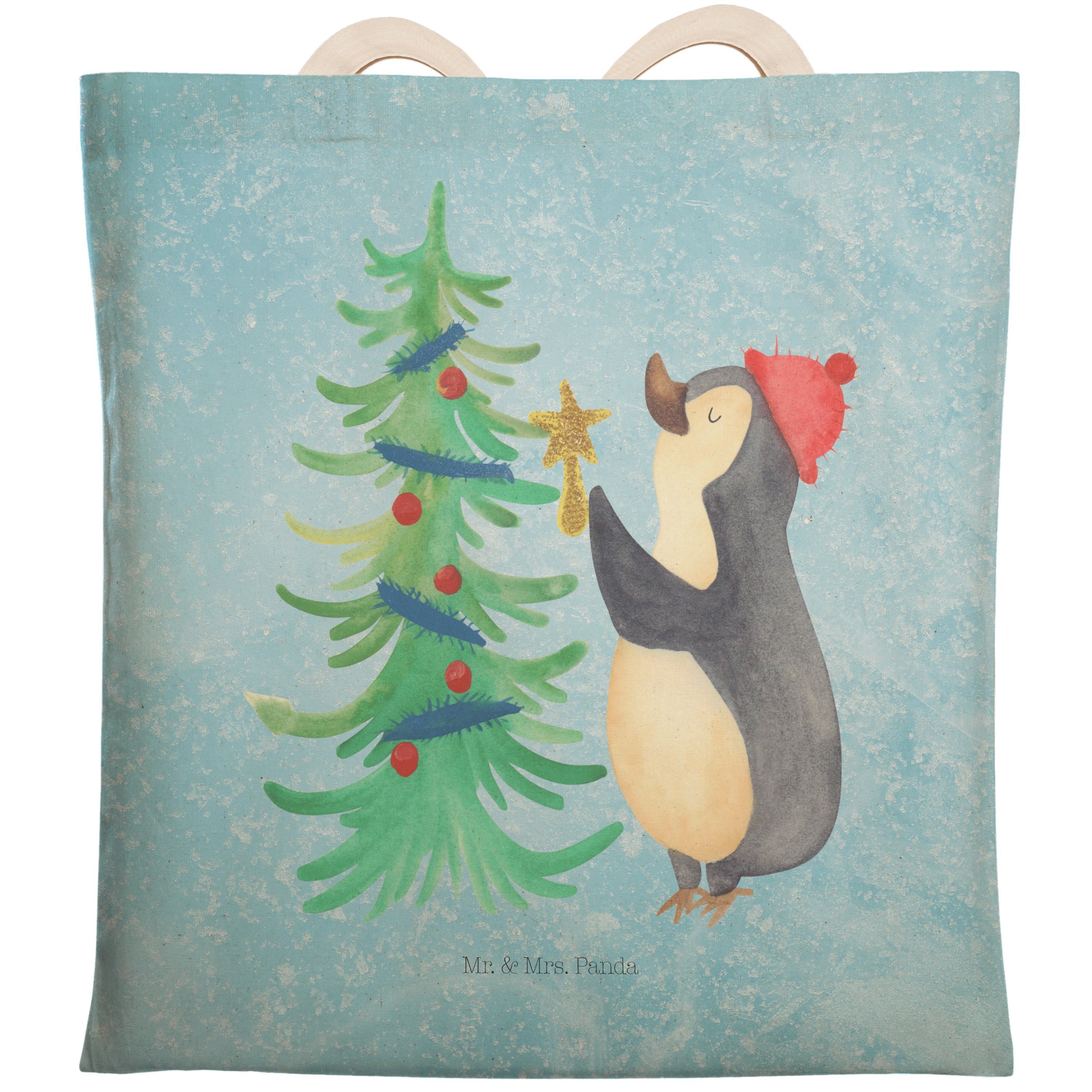 Mr. & Mrs. Panda Tragetasche Pinguin Weihnachtsbaum - Eisblau - Geschenk, Baumwolltasche, Tragetas (1-tlg)