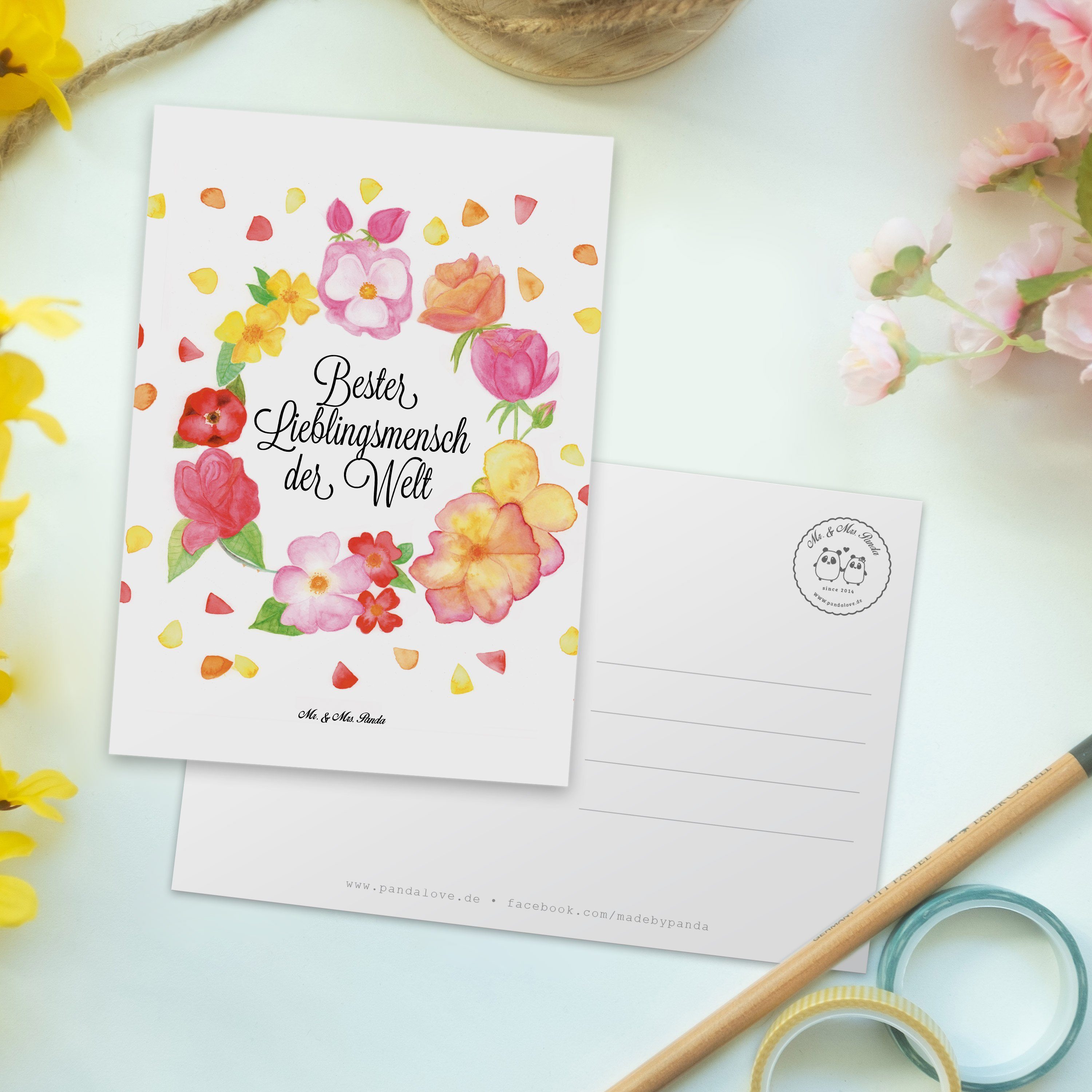 Panda Mrs. Geschenk, Weiß Postkarte - Mr. Lieblingsmensch & Geschenkkarte, Herz, Dankeskarte -