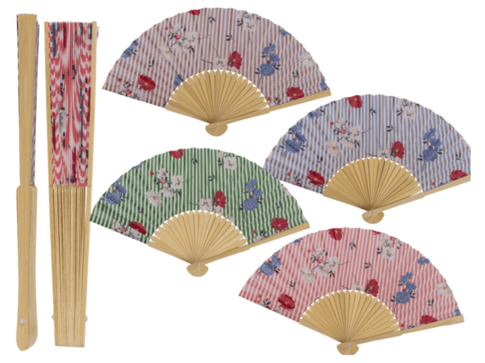 LK Trend & Style Handfächer Dekorativer Handfächer, Blumenmuster mit Streifen, (Spar-Set, 1-tlg., 21 cm, Bambus - Fächer in 4 Farben), absolut salonfähig sich eine kühle Brise zu gönnen