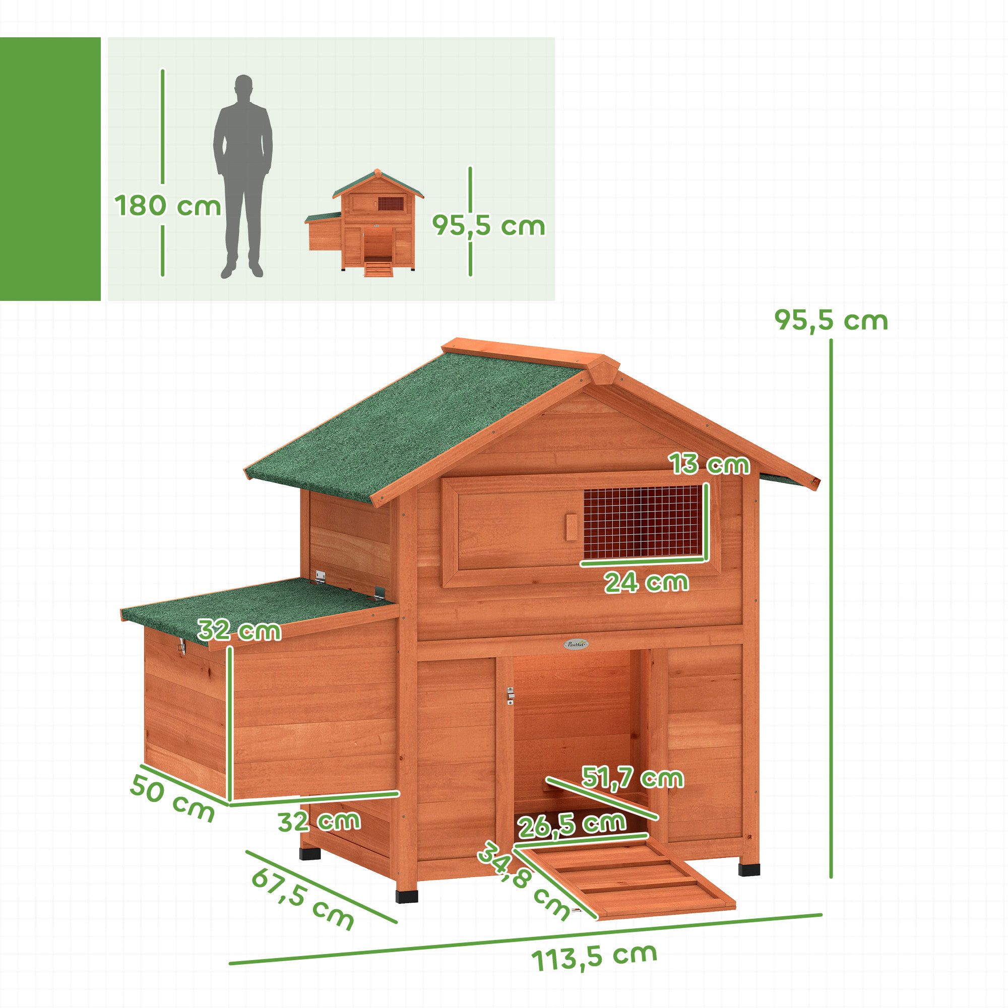 PawHut Hühnerstall Hühnerhaus aus Holz mit Nistkasten 2 Sitzstangen Rampe Schiebefenster, für 2 Hühner Enten Kaninchen 113,5x67,5x95,5 cm Orange