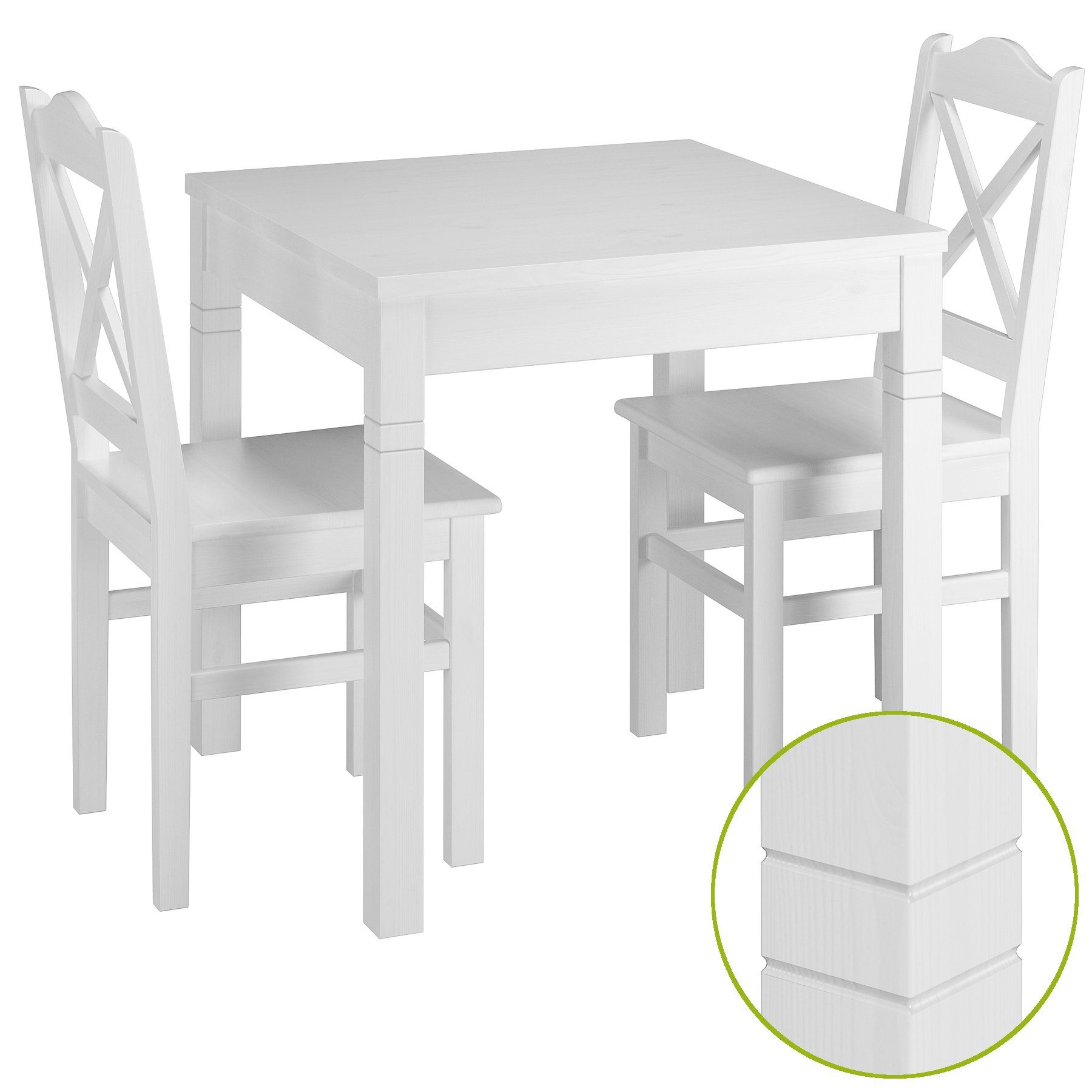 ERST-HOLZ Essgruppe Weiße Essgruppe mit Tisch und 2 Stühle Kiefer Massivholz