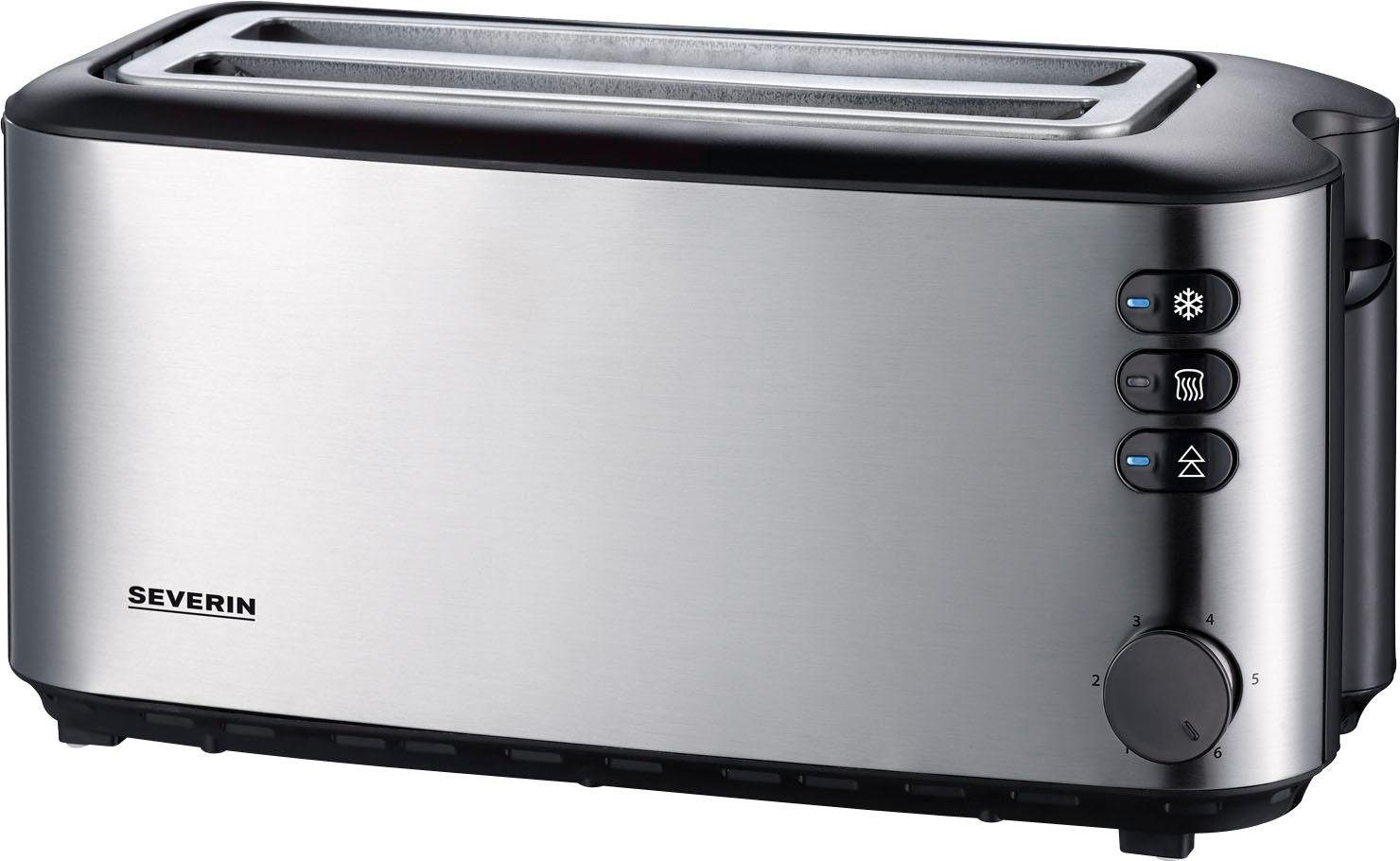 Severin Toaster AT 2509, lange Edelstahl-Gehäuse, Schlitze, 1400 W, wärmeisolierend Brötchenaufsatz + 2 doppelwandiges