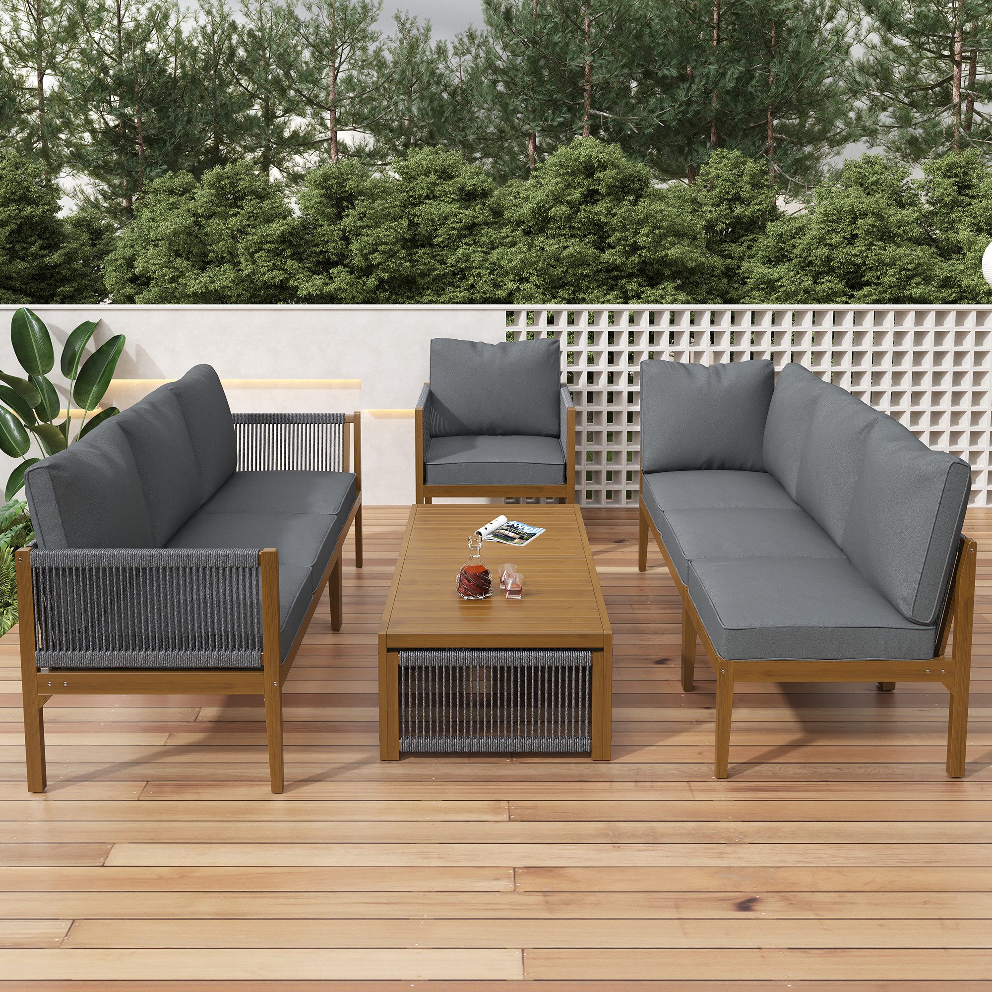REDOM Gartenlounge-Set für 7-8 Personen mit Sofa & Tisch aus Akazie, (Gartengarnitur, Essgruppe, 6-tlg., Inklusive Kissen mit waschbarem Stoffbezug), Farbe Natural/Grau, Sitzgruppe für Garten