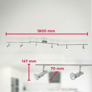 B.K.Licht Deckenleuchte moderne LED Deckenlampe 6-flammig 180cm Metall matt-nickel - BKL1207, LED wechselbar, XXL Wohzimmerlampe schwenkbare Spots 6x GU10 2400lm 30W 3000K warmweiß