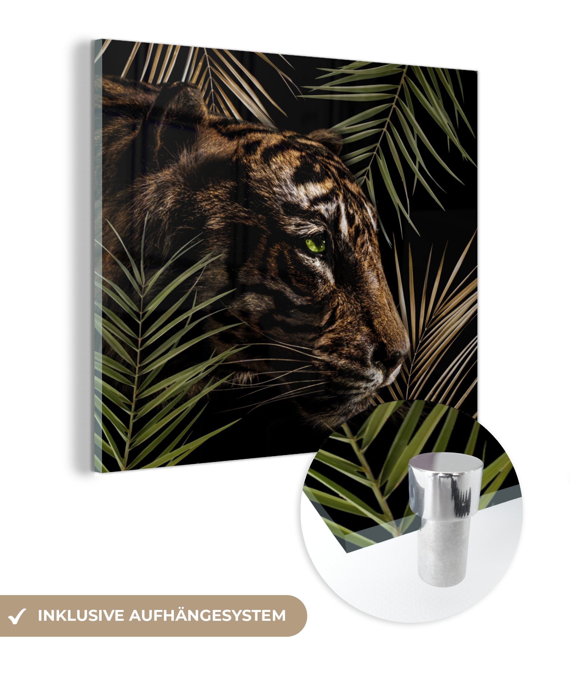 MuchoWow Acrylglasbild Tiger - Farn - Blätter, (1 St), Glasbilder - Bilder auf Glas Wandbild - Foto auf Glas - Wanddekoration