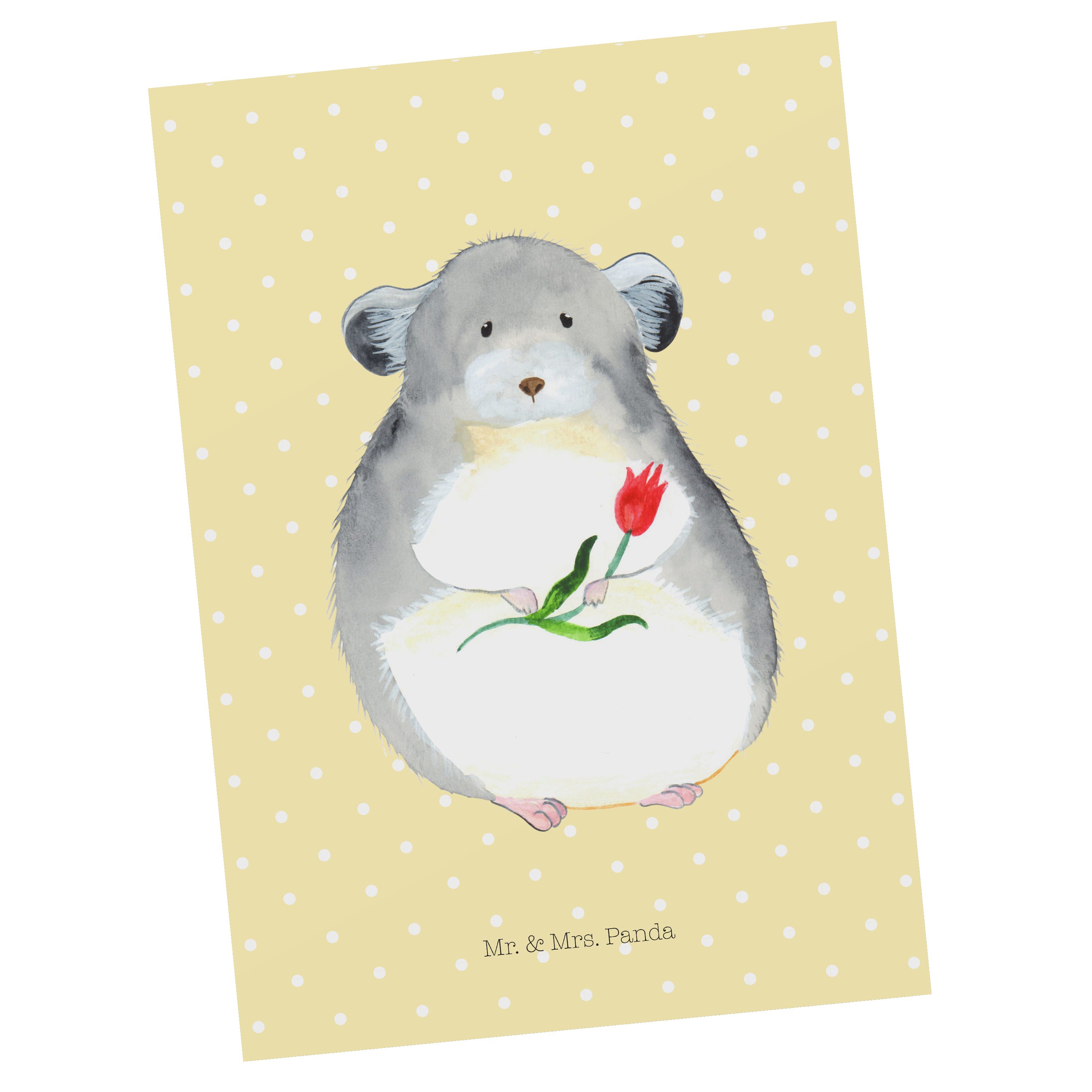 Mr. & Mrs. Panda Postkarte Chinchilla mit Blume - Gelb Pastell - Geschenk, Glücklichsein, Gute L