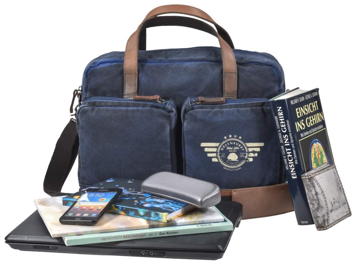 Lederbesatz, Greenburry 39x29cm Blue Umhängetasche Notebookfach mit Canvas Edition, Businesstasche Aviator mit