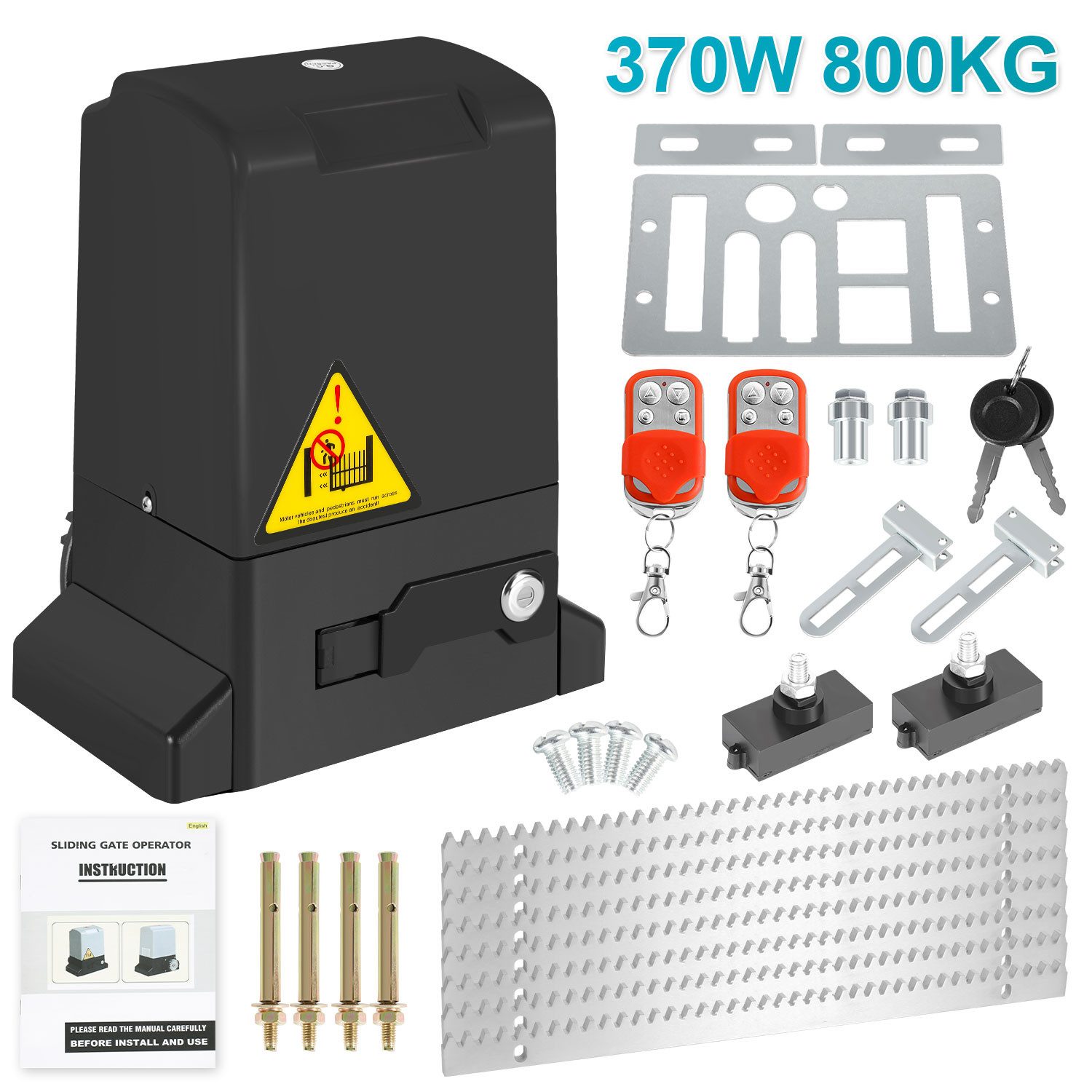 Clanmacy Schiebetorantrieb Torantrieb 370W Toröffner Motor 800kg Schiebetor Antrieb Komplett-Set, mit Gleitschiene, (IP44 wasserdicht, mit 2 orangen Schlüssel und 1 Fernbedienung), Betriebene Türen Eisenwaren