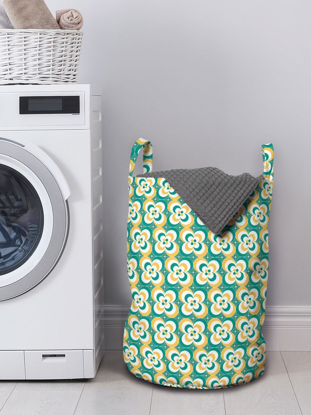Wäschekorb Waschsalons, Griffen Wäschesäckchen Kordelzugverschluss Bicolor für Geometrisches mit Blumen Blumen Abakuhaus
