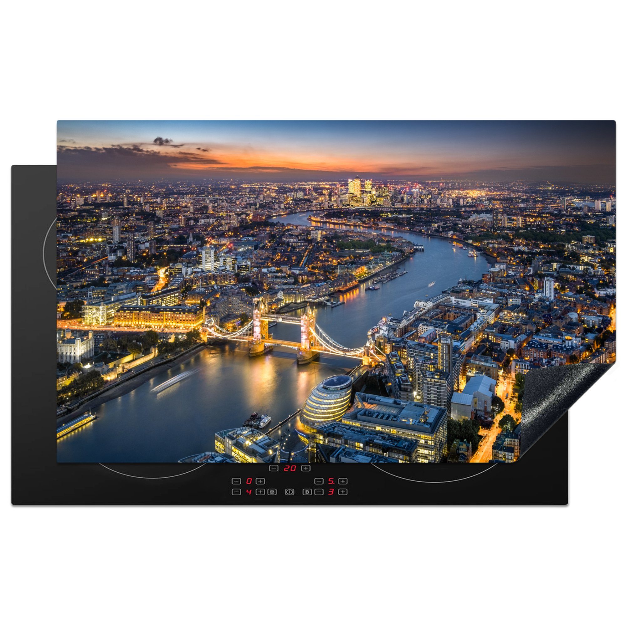 MuchoWow Herdblende-/Abdeckplatte Luftaufnahme von London mit Tower Bridge in der Abenddämmerung, Vinyl, (1 tlg), 83x51 cm, Ceranfeldabdeckung, Arbeitsplatte für küche