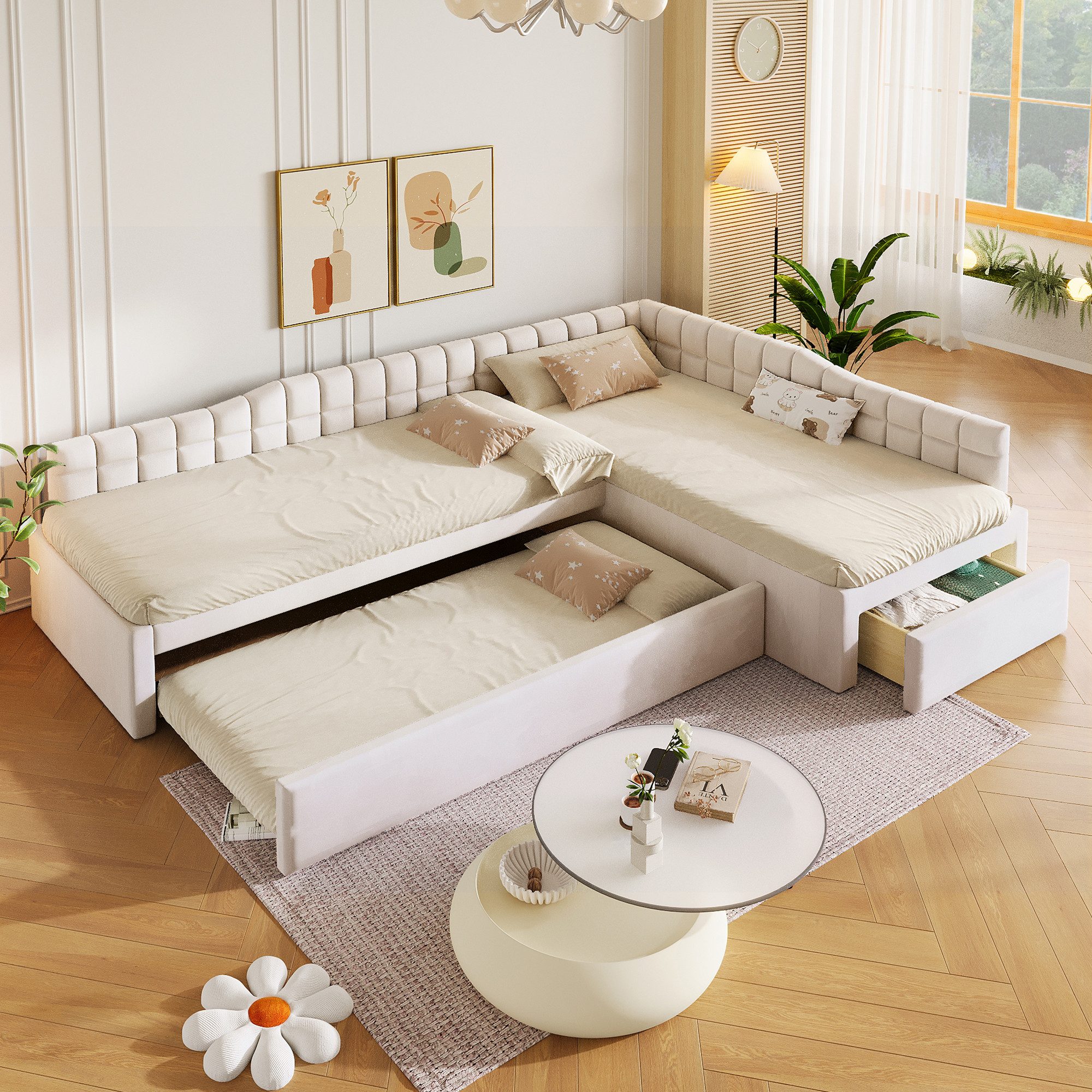 Flieks Polsterbett, L-förmiges Kinderbett 90x200cm mit Ausziehbett 90x190cm & Schublade*1