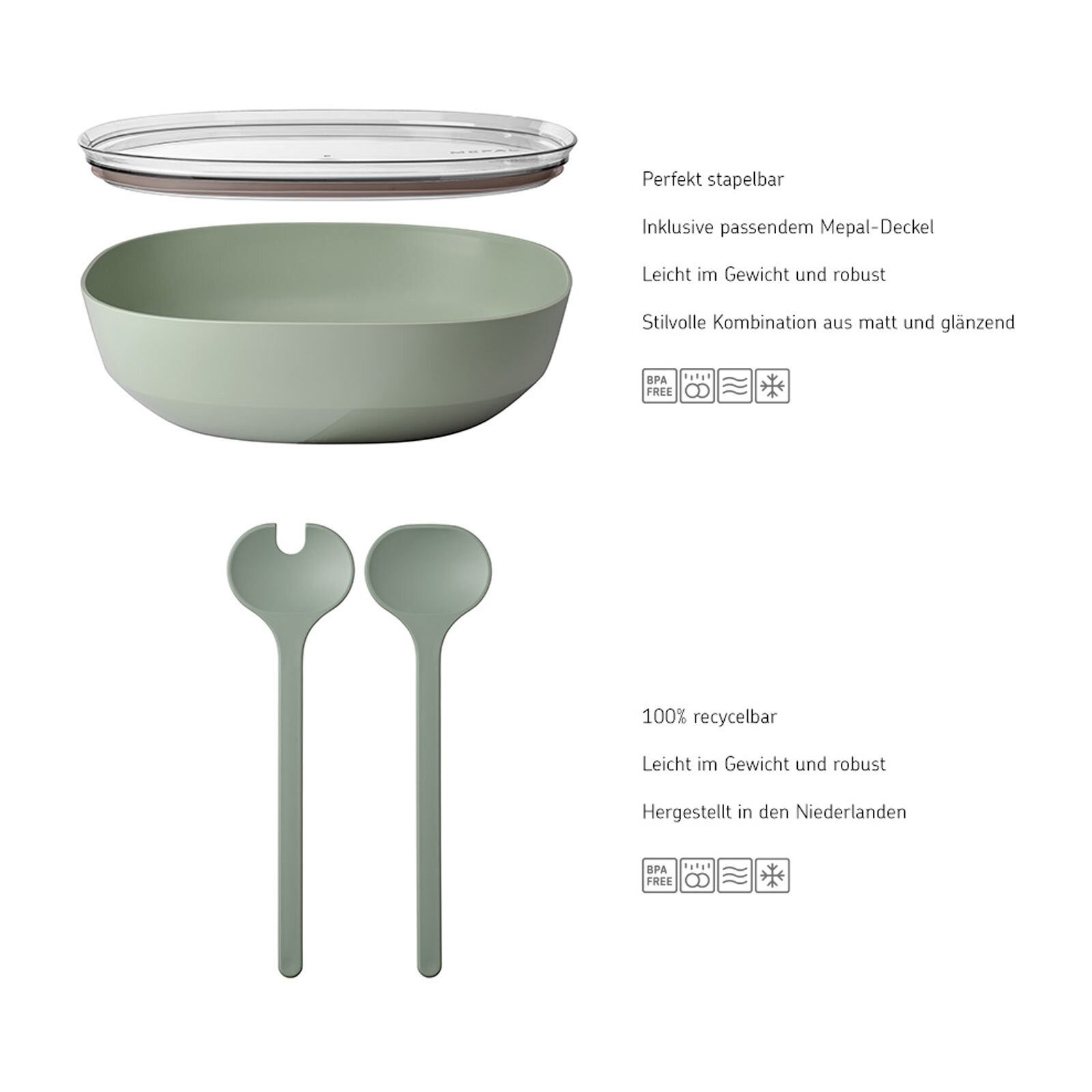 Mepal Schale Silueta Servierschale mit Deckel & Salatbesteck, Kunststoff, (1x Schale, 1x Salatbesteck, 2-tlg)