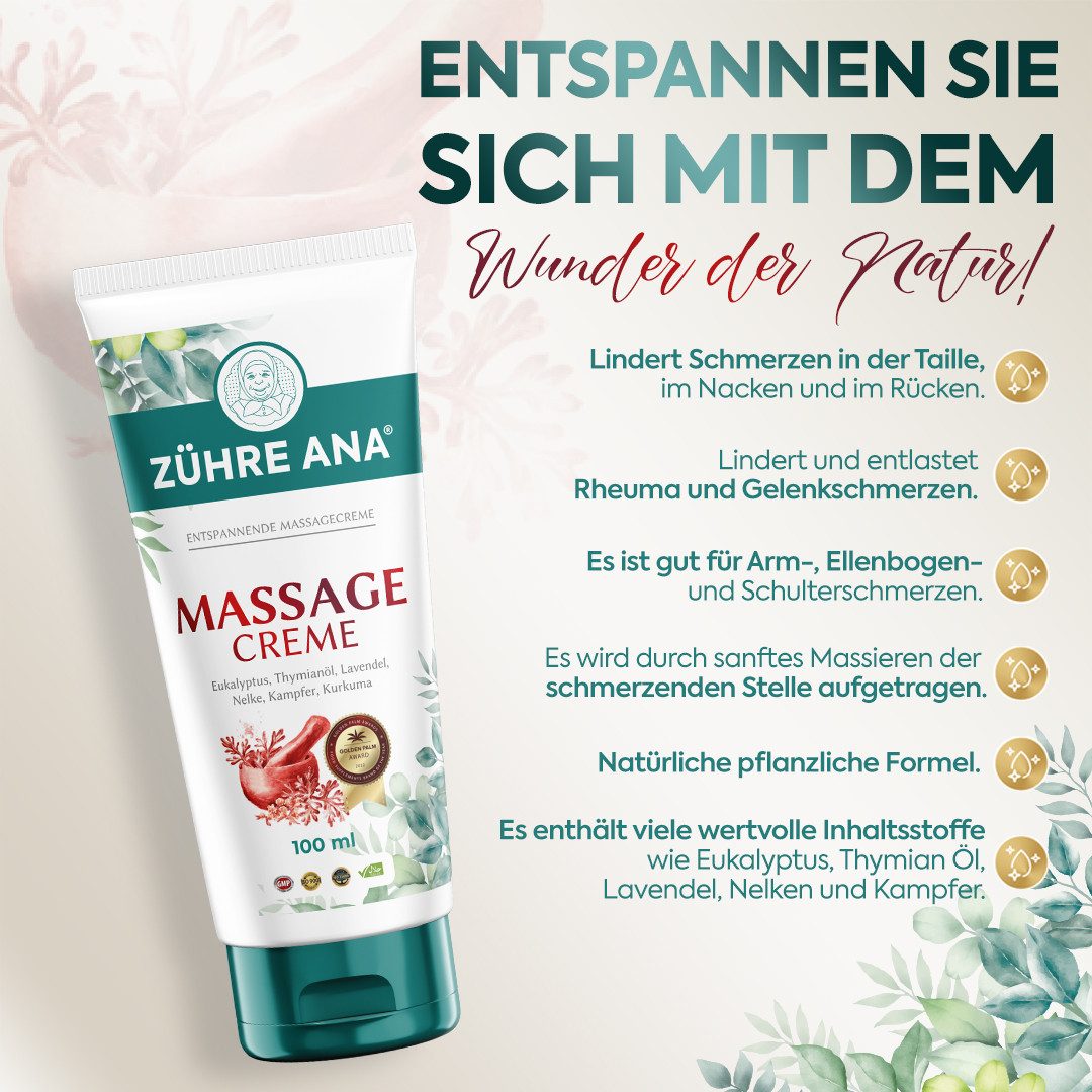 Zühre Ana® Massageöl Massagecreme 100 ml – natürliche Formel gegen Schmerzen, Massagecreme zur Entspannung von Nacken, Muskeln und Gelenke