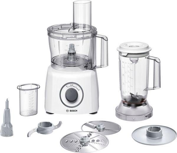 BOSCH Küchenmaschine MultiTalent 3 MCM3200W, 800 W, 2,3 l Schüssel, Schneid-Raspel-Wendescheibe, Schlagscheibe, Mixer 1,0 L, Deckel, weiß