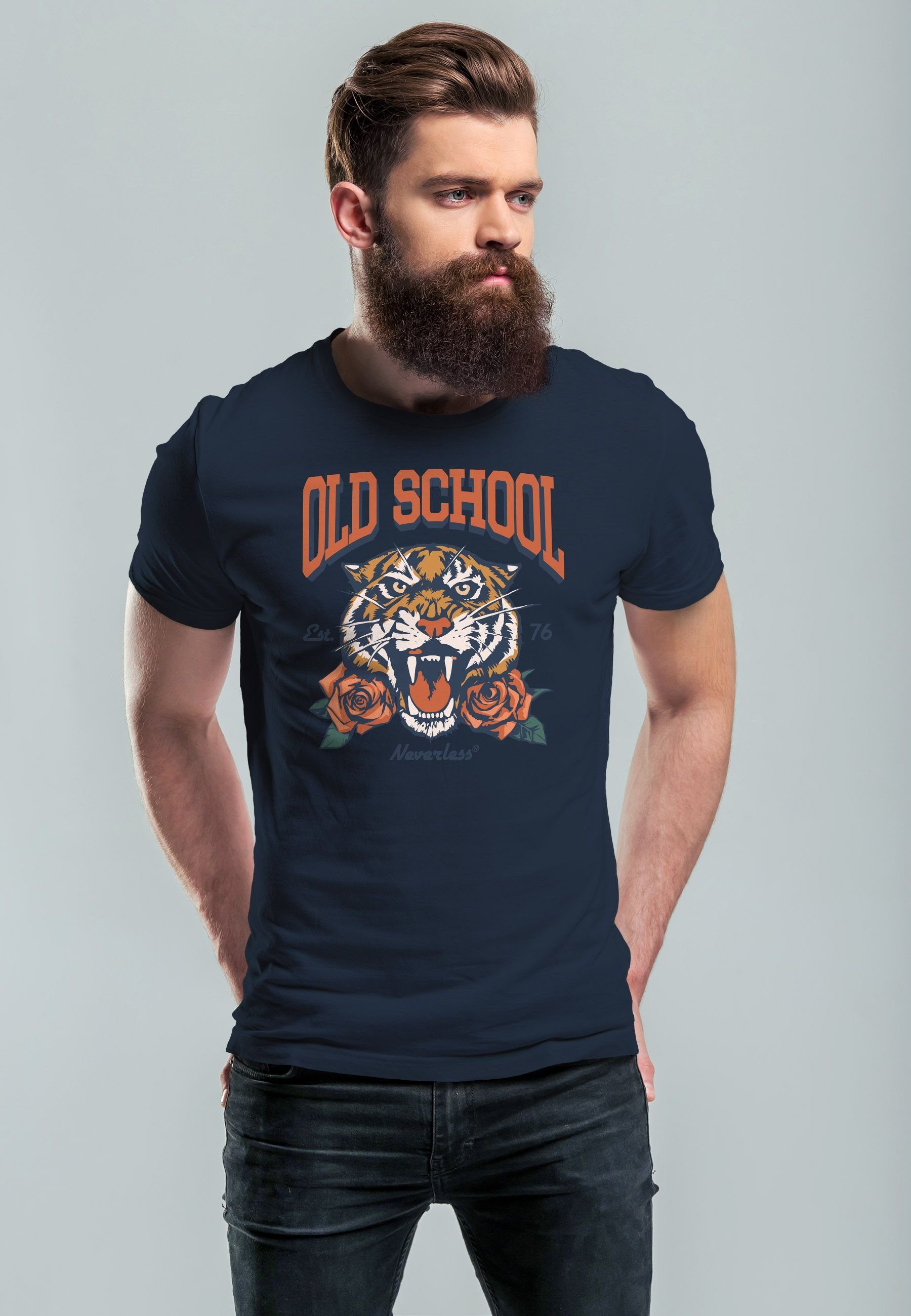 Stre Print Retro Rosen Fashion Print Print-Shirt T-Shirt Vintage mit Herren Neverless Tiger navy School Old