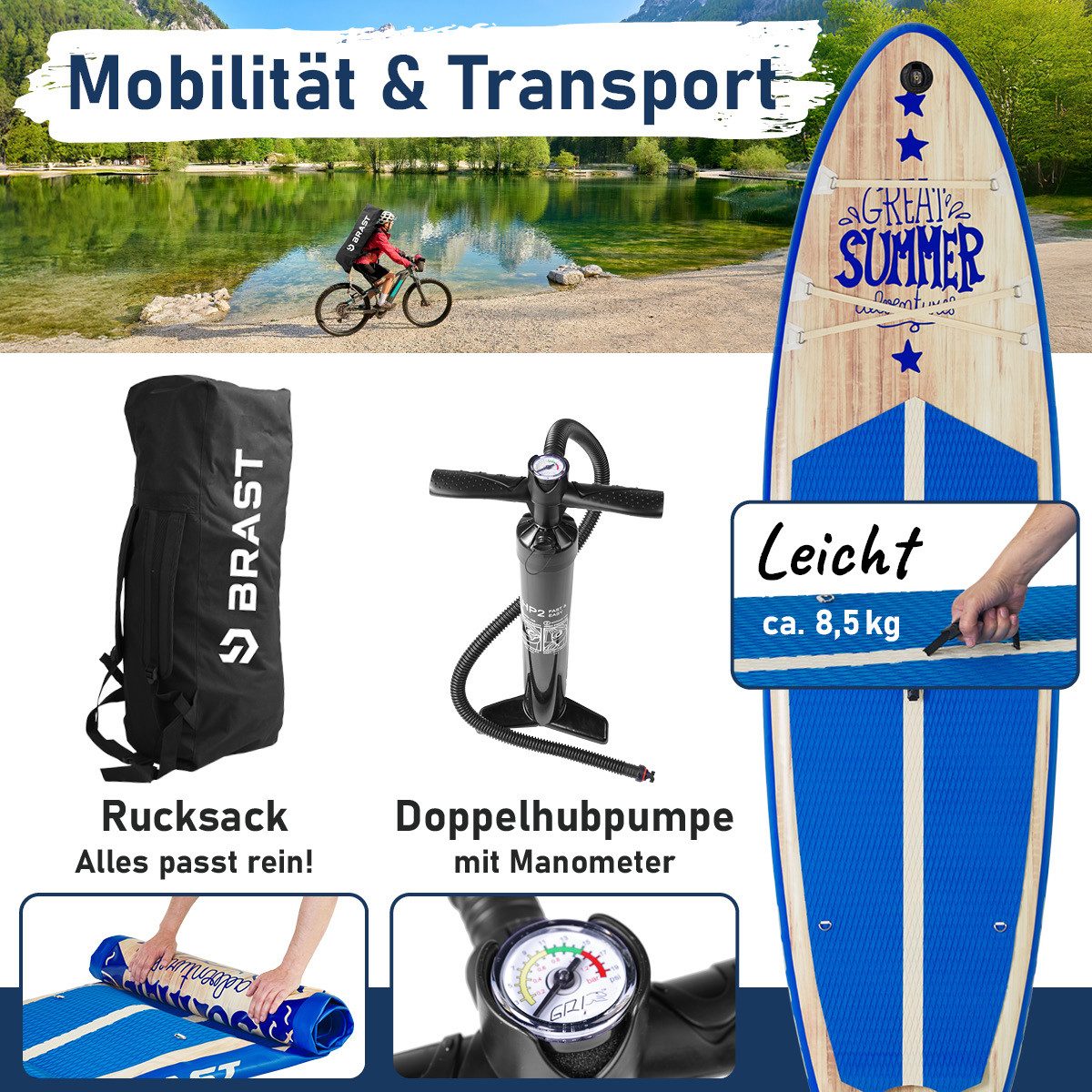 BRAST SUP-Board Summer Aufblasbares Stand up Paddle Set - 320x81x15cm, 5 Jahre Garantie inkl. Sonderzubehör, (2in1 Paddel Kajak-Sitz Action-Cam-Halterung), Fußschlaufe Paddel Pumpe Rucksack