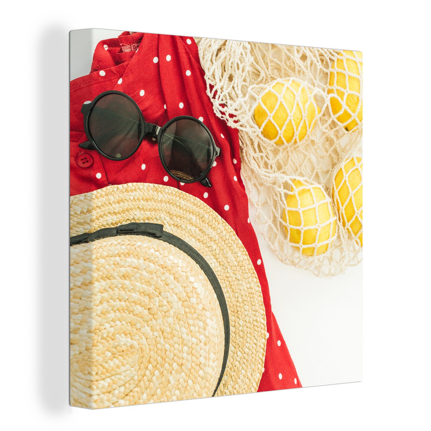 OneMillionCanvasses® Leinwandbild Sonnenbrille - Hut - Zitrone, (1 St), Leinwand Bilder für Wohnzimmer Schlafzimmer