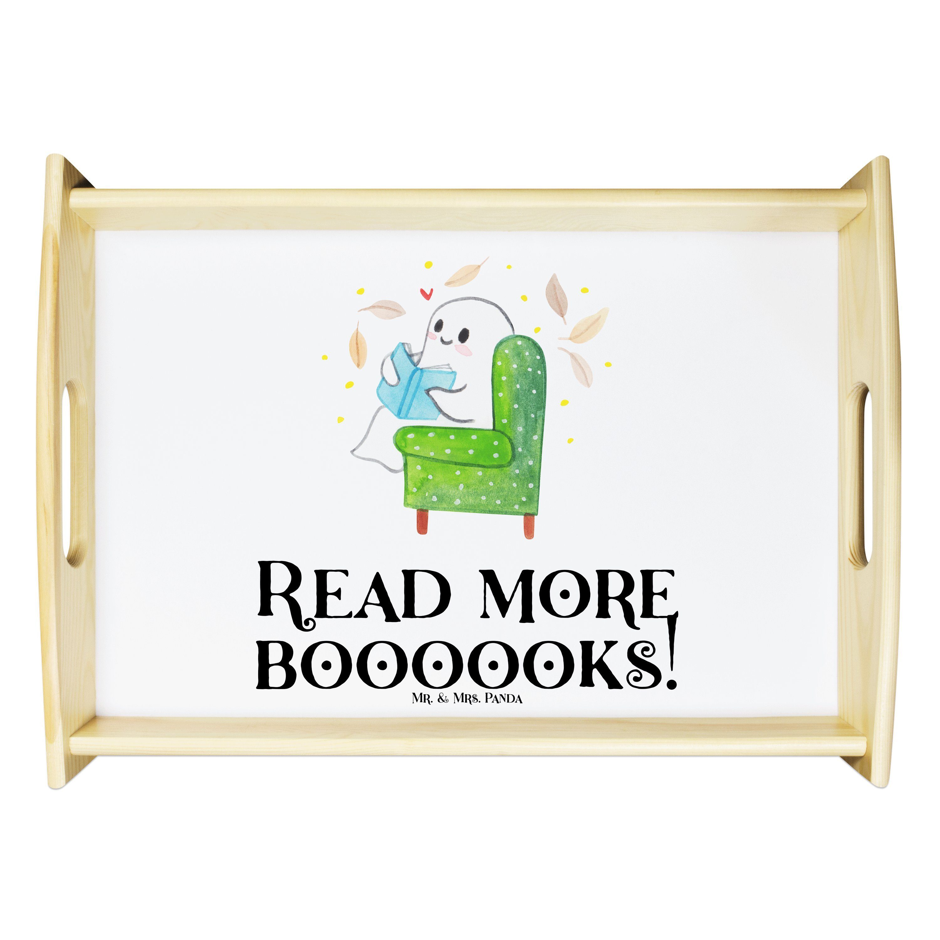 Mr. & Mrs. Panda Tablett Gespenst Buch - Weiß - Geschenk, Halloween, Martinssingen, Geschenk, Echtholz lasiert, (1-tlg) | Tabletts