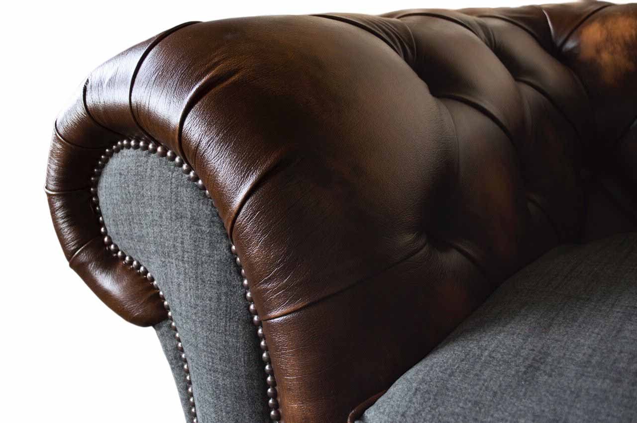 GRAUER 3-SITZIGES Chesterfield-Sofa WOLLE UND LEDER CHESTERFIELD-SOFA JVmoebel BRAUNEM AUS