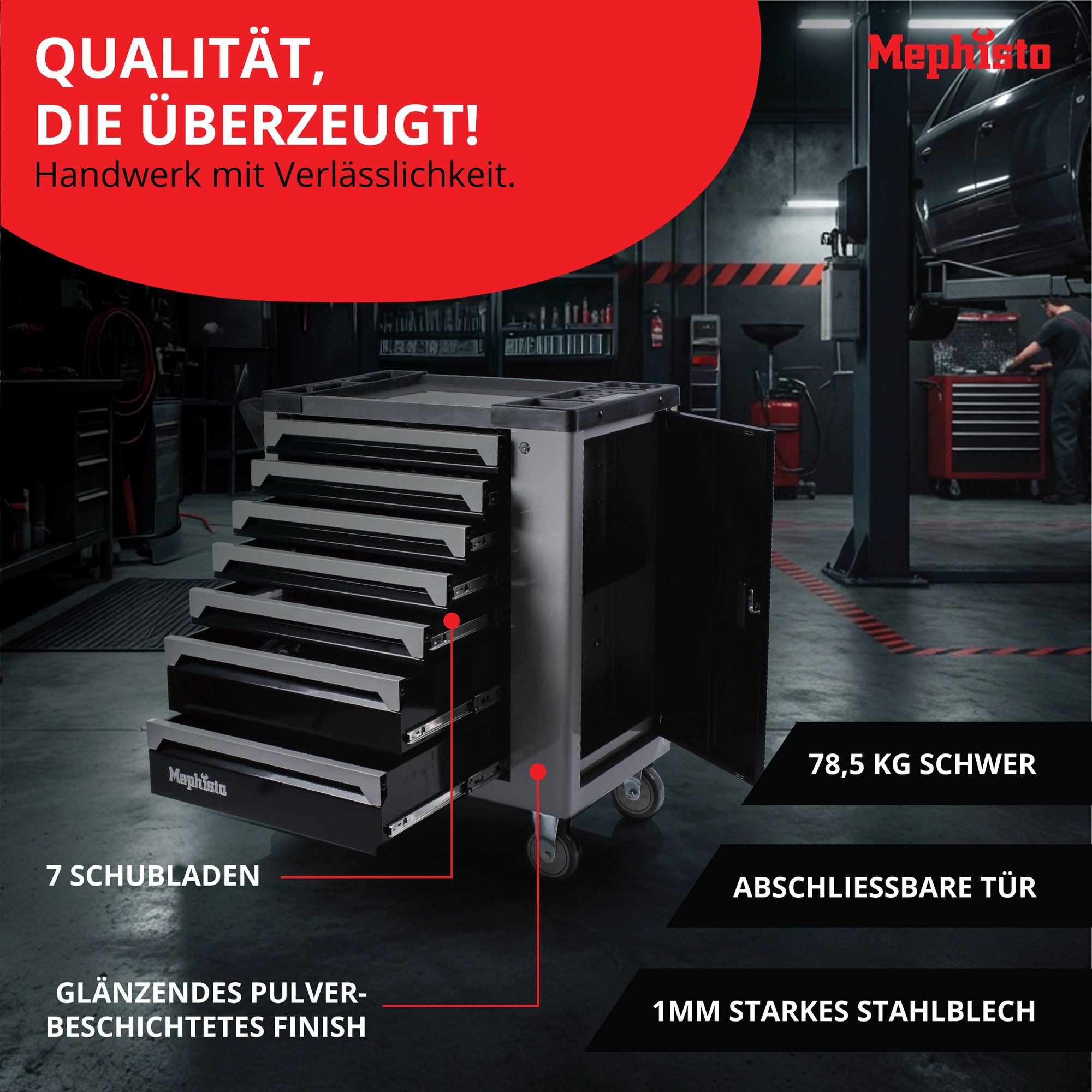 Mephisto-Tools Werkzeugwagen, (fertig montiert und bestückt), Schubladen abschließbar und bis je 35 kg belastbar, 2 Schlüssel inkl.
