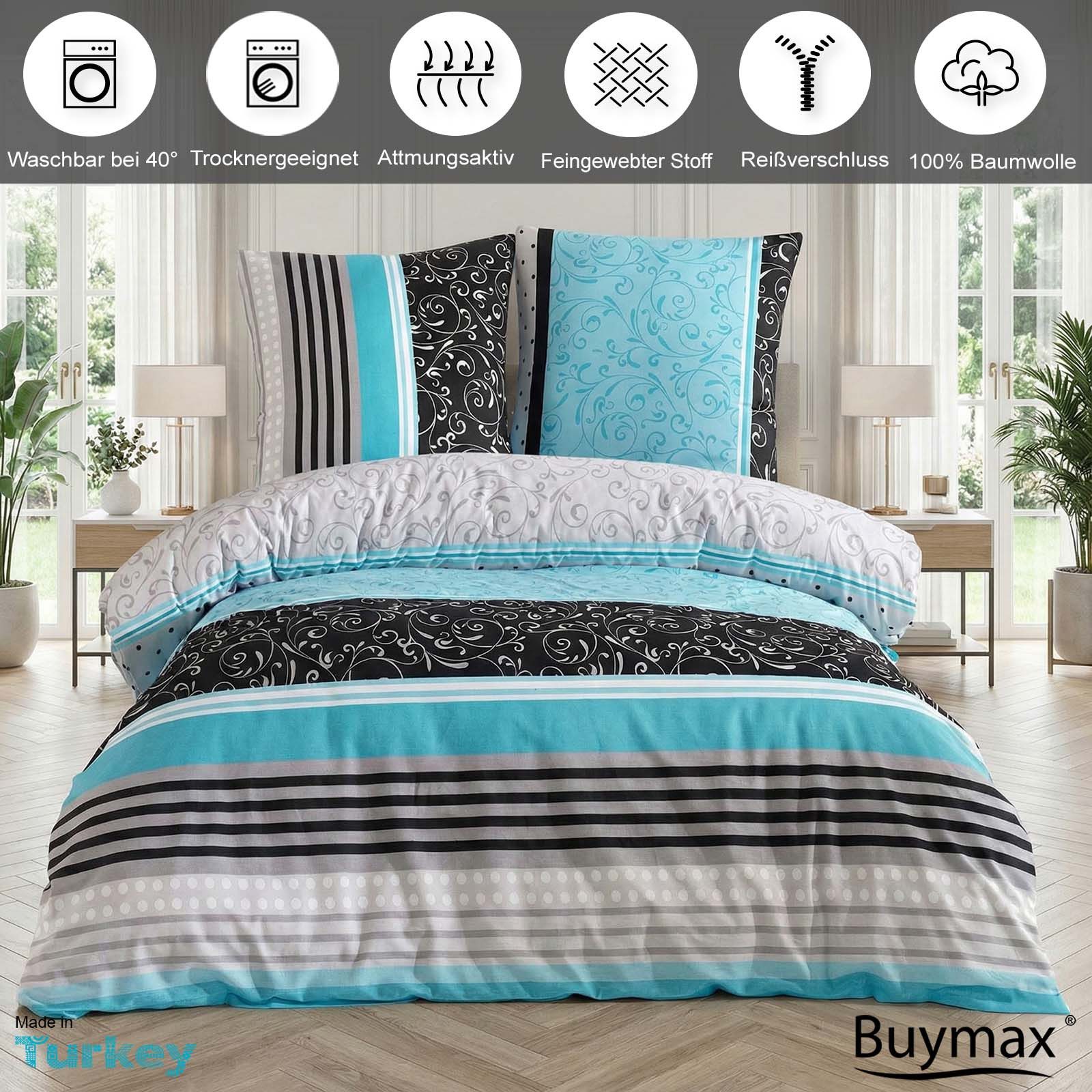 Buymax Bettwäsche Sara, Renforcé: 100% Baumwolle, 2 teilig, 135x200 cm, mit Reißverschluss, Streifen Gestreift Türkis Grau Schwarz