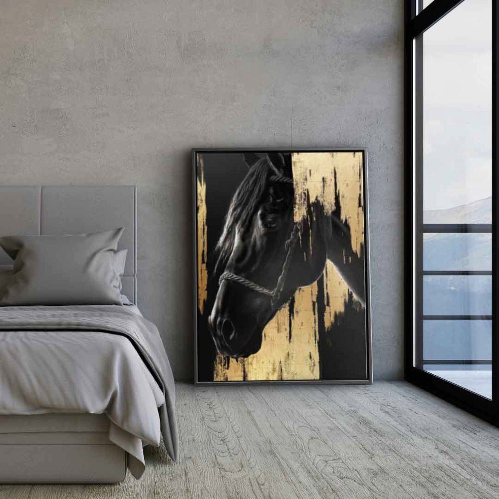 Ra Rahmen mit Pferd Tier goldener Leinwandbild gold luxus Luxury premium Horse schwarz DOTCOMCANVAS® Leinwandbild,