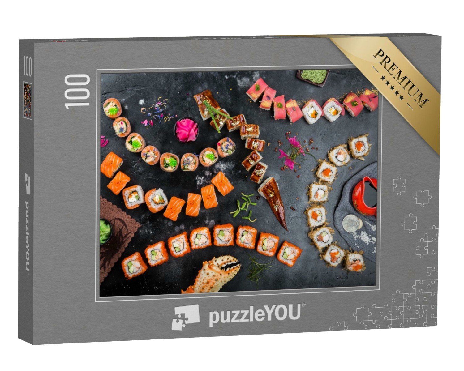 puzzleYOU Puzzle Verschiedene Sushi-Rollen auf einem Tisch, 100 Puzzleteile, puzzleYOU-Kollektionen Sushi