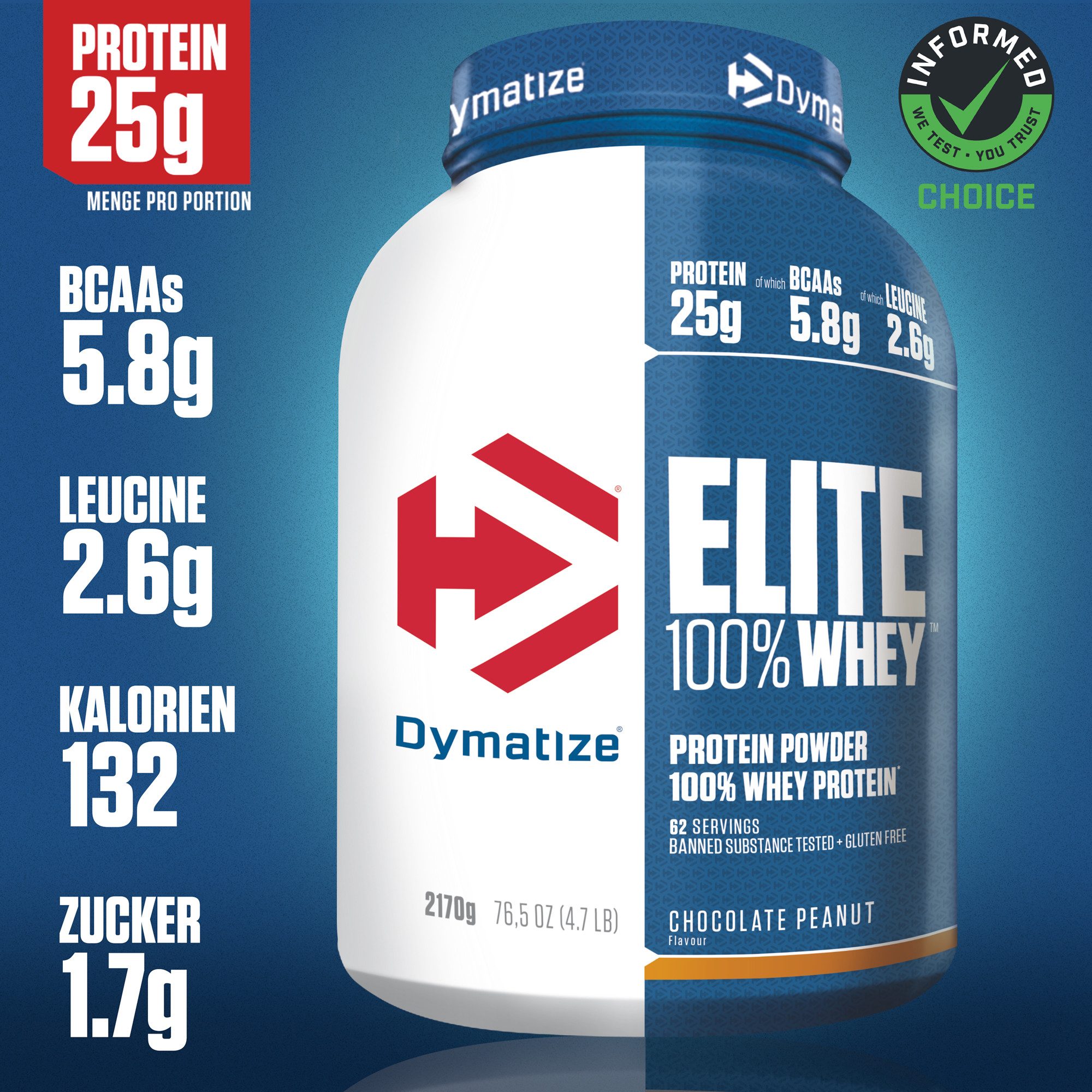 Dymatize Whey Protein Pulver Shake Elite 100% Isolat Chocolate Peanut 2170 g Pulver, 2170 g