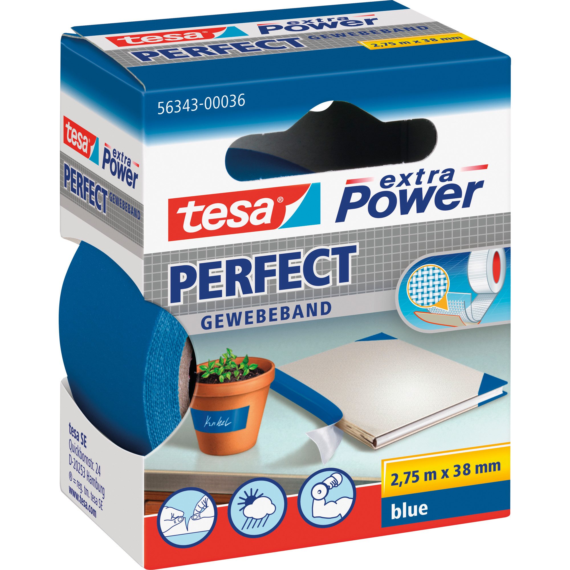 Klebestreifen tesa Gewebeband 38mmx2,75m blau Nr. 56343-00036, extra stark