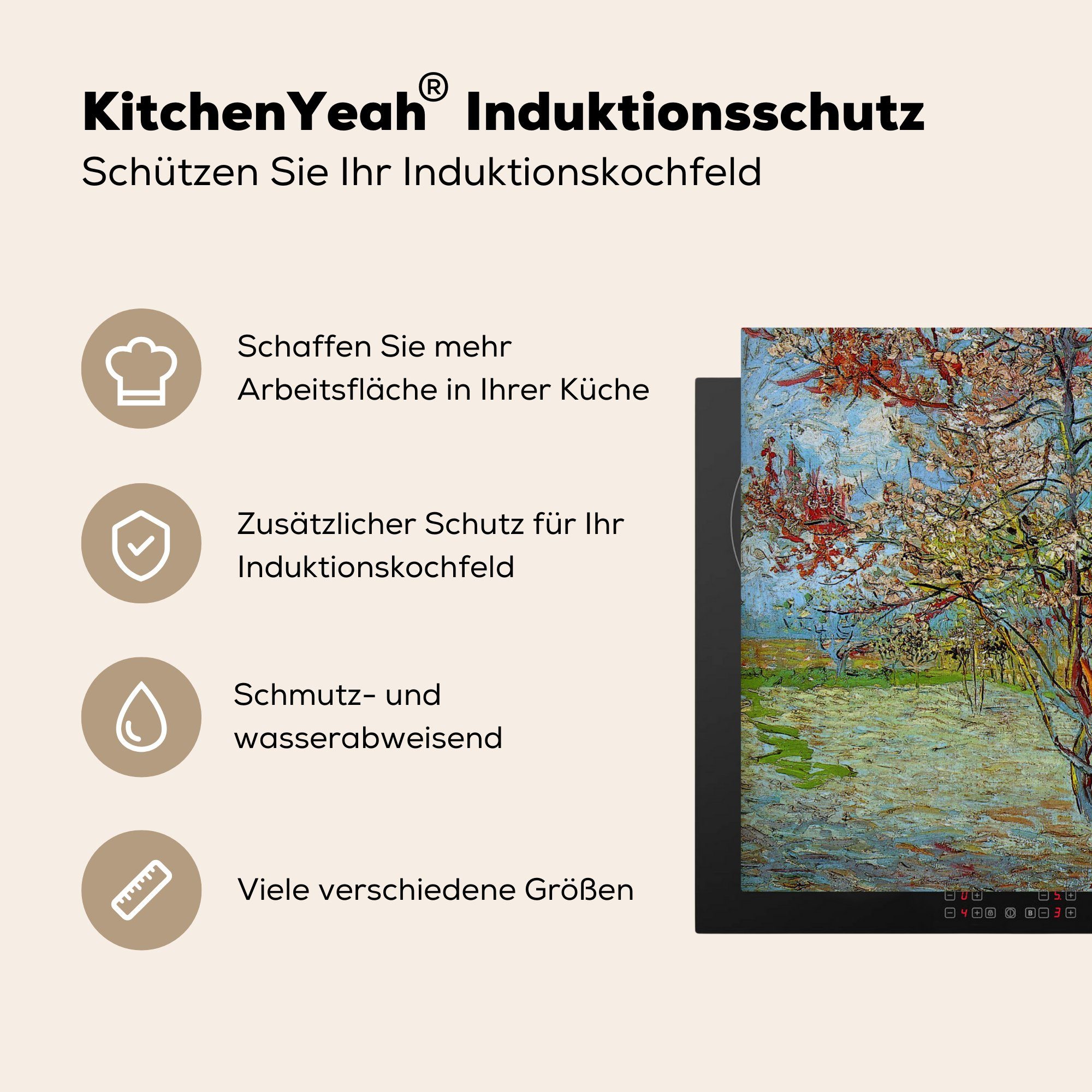 Gogh, Herdblende-/Abdeckplatte die van cm, küche, (1 Pfirsichbaum rosa Vincent Schutz tlg), Induktionskochfeld - Ceranfeldabdeckung Der Vinyl, für 71x52 MuchoWow