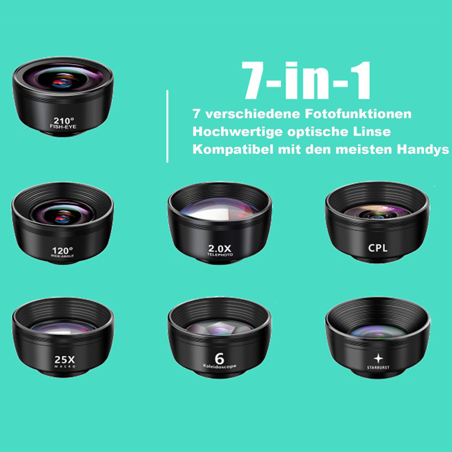 KINSI 7 in 1 Handy Objektiv Kit, Ultra-Weitwinkelobjektiv, Teleobjektiv Ultra-Weitwinkelobjektiv, (Universal Handy Objektiv, mit Reißverschlusstasche)