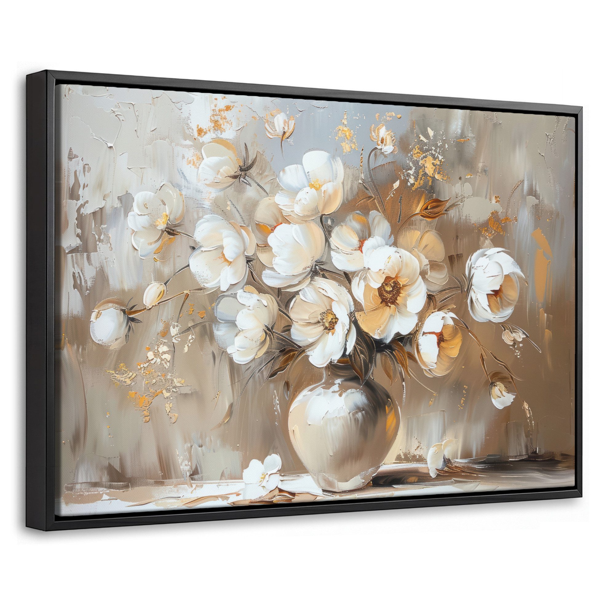 OneMillionCanvasses® Leinwandbild mit Rahmen - Vase - Blumen - Kunst - Gold, Fotodruck (1 St), Bilder, Zimmer Wand Bild Dekoration 30x20cm