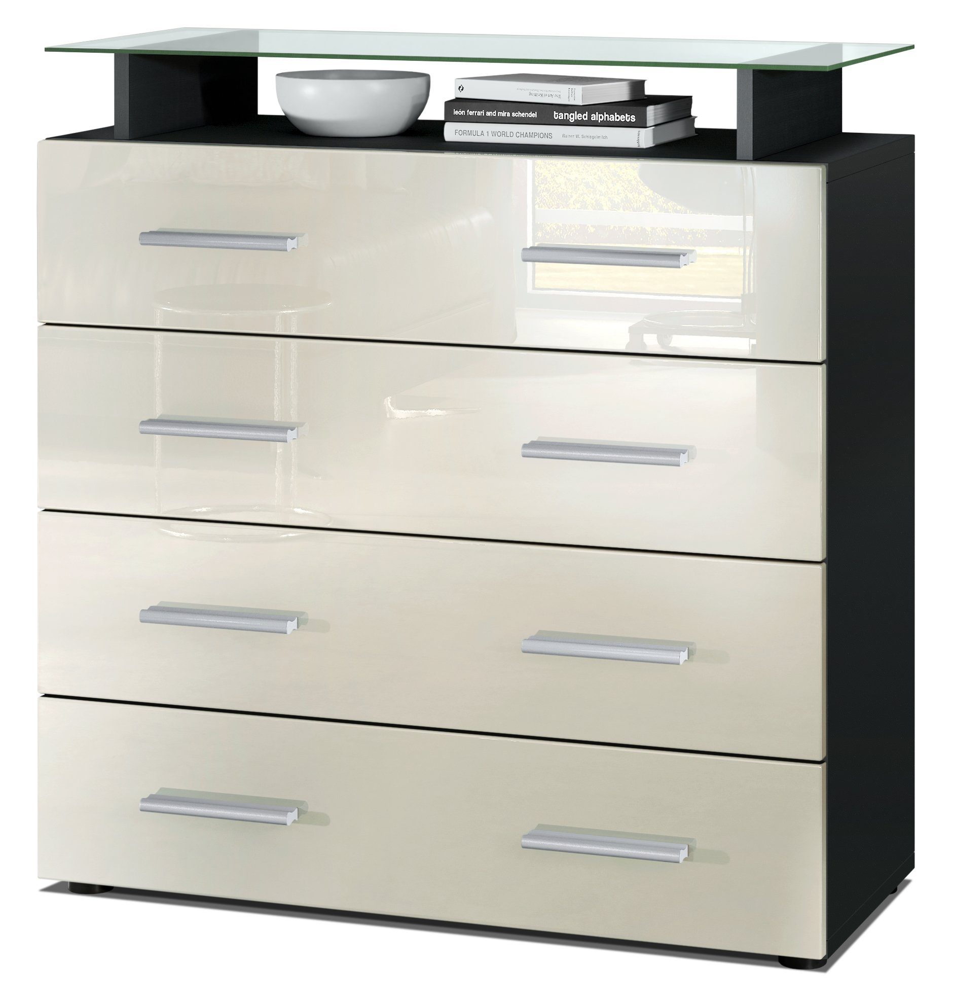 Vladon Kommode Pavos V2 (Kommode, mit 4 Schubladen und Glasablage), Schwarz matt/Creme Hochglanz (76 x 81 x 35 cm)