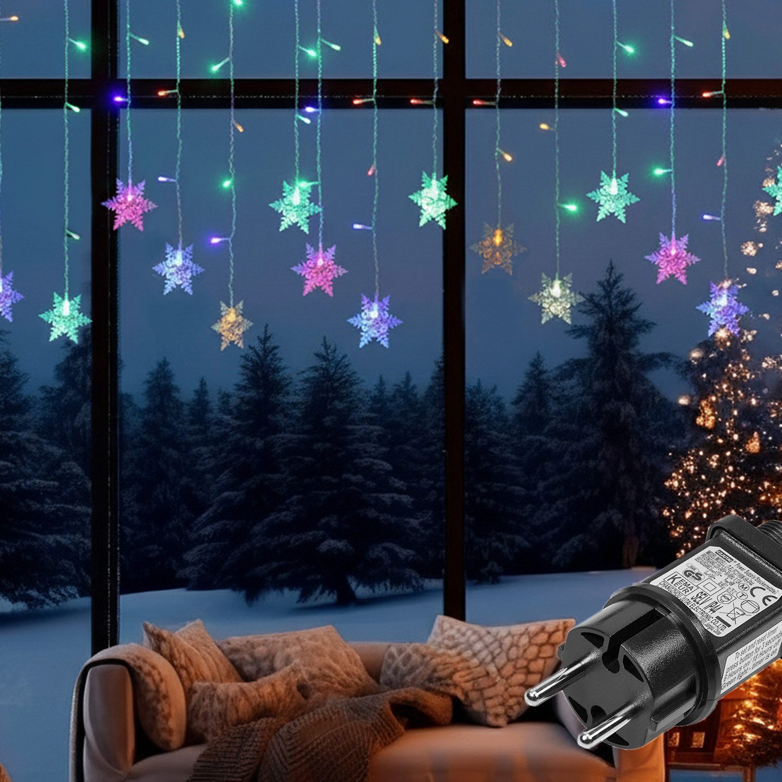 Qualra LED-Lichtervorhang Weihnachts LED Schneeflocken Lichterkette, 8 Modi, Timer, Niedervolt