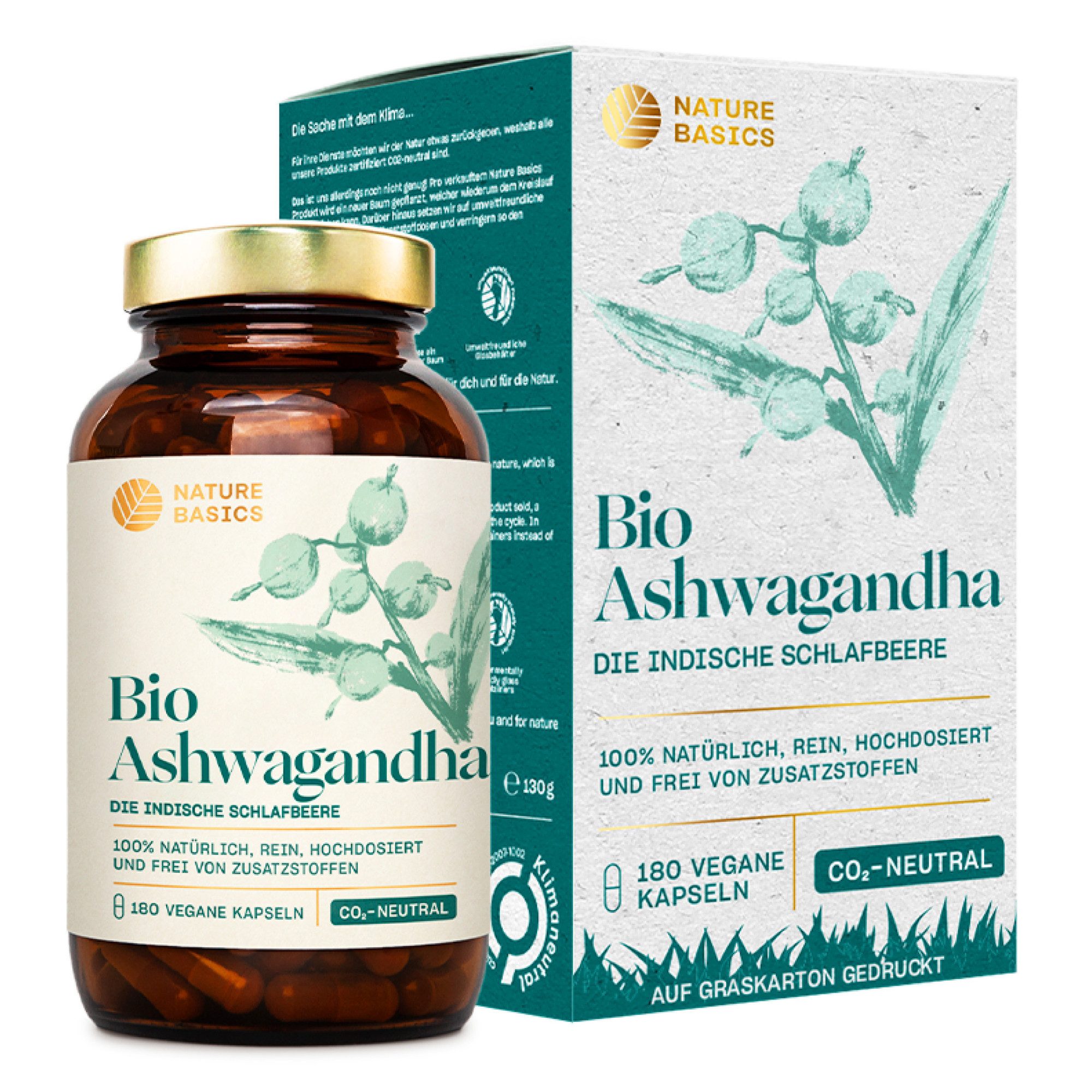 Nature Basics Hochwertiges Bio Ashwagandha Vegan im Braunglas 180 Kapseln, 180 St., 130 g