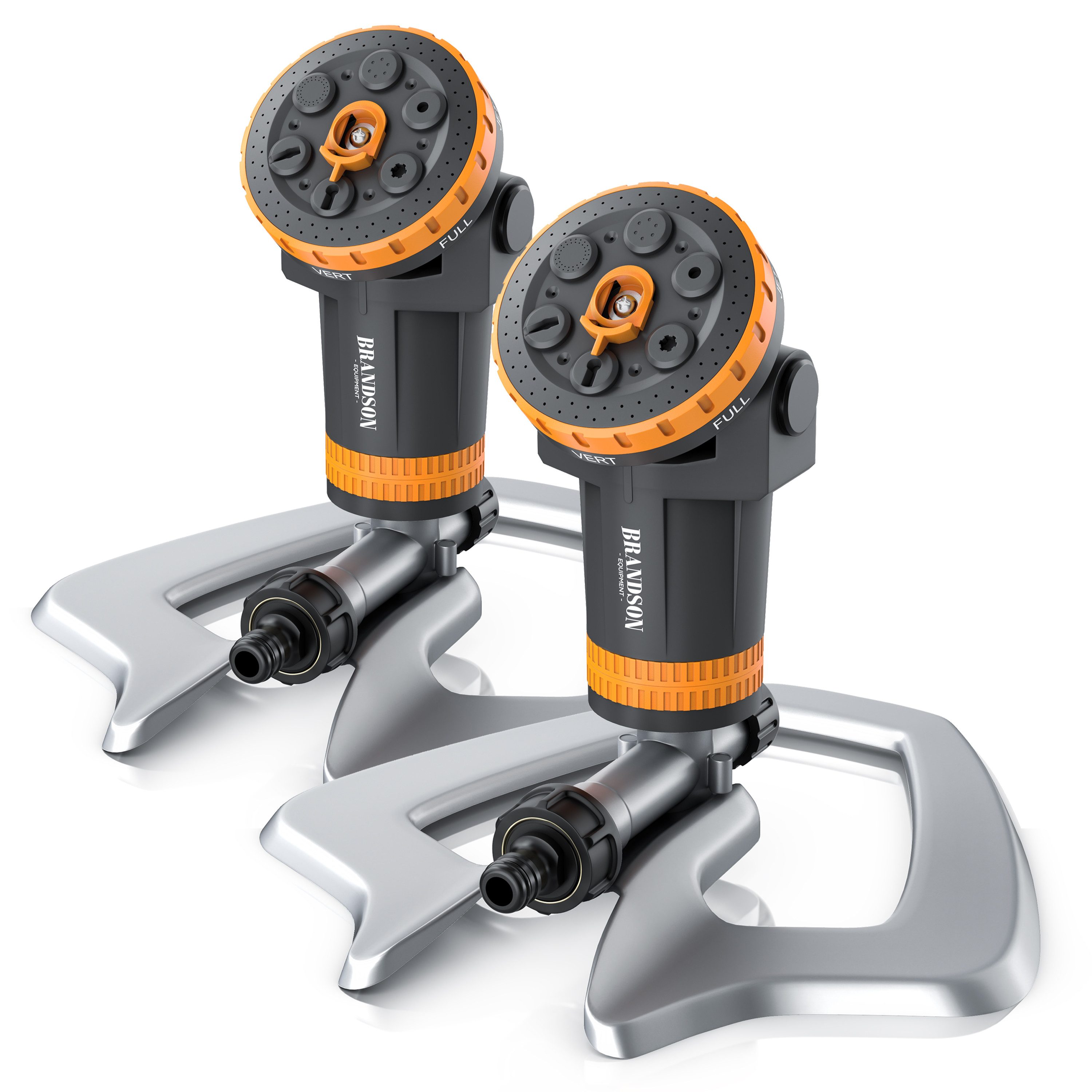 Brandson Vielflächenregner 2er Set Rasensprinkler oszillierend Metallbasis Garten, für Flächen bis 200 m², (2-St., mit 1/2 Zoll Schnellanschlussadapter & Metall Bodenplatte), Rasensprinkler, 15°-360° Sektor, 8 m Radius, Arbeitsdruck 5 bar