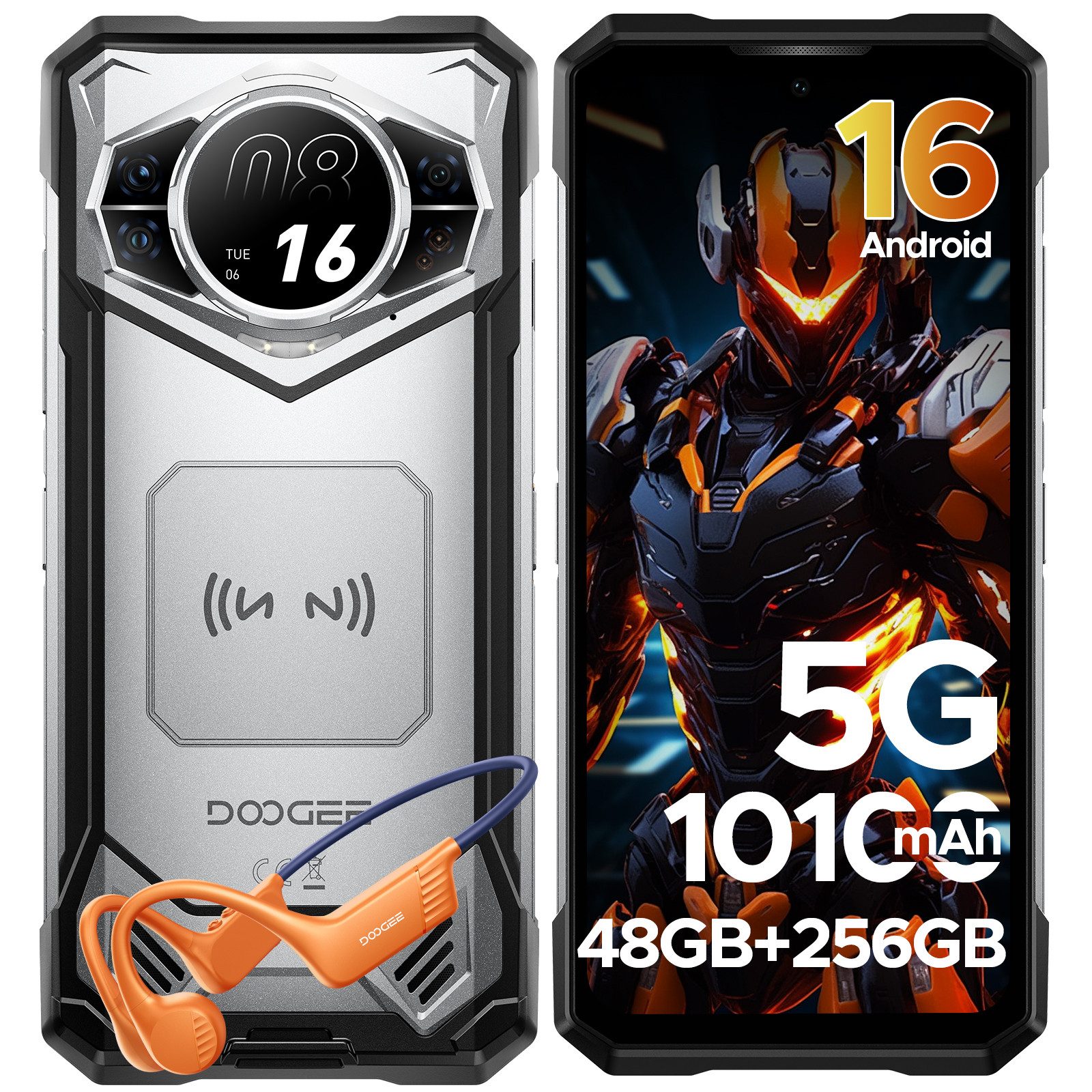 DOOGEE S200 5G Handy inkl. Knochenschall-Kopfhörer, Android 16 Outdoor Smartphone (6.72 Zoll, 256 GB Speicherplatz, 100 MP Kamera, 10100mAh, 256GB, IP68, Fingerabdruck, Dual SIM, NFC, Schnellladen)