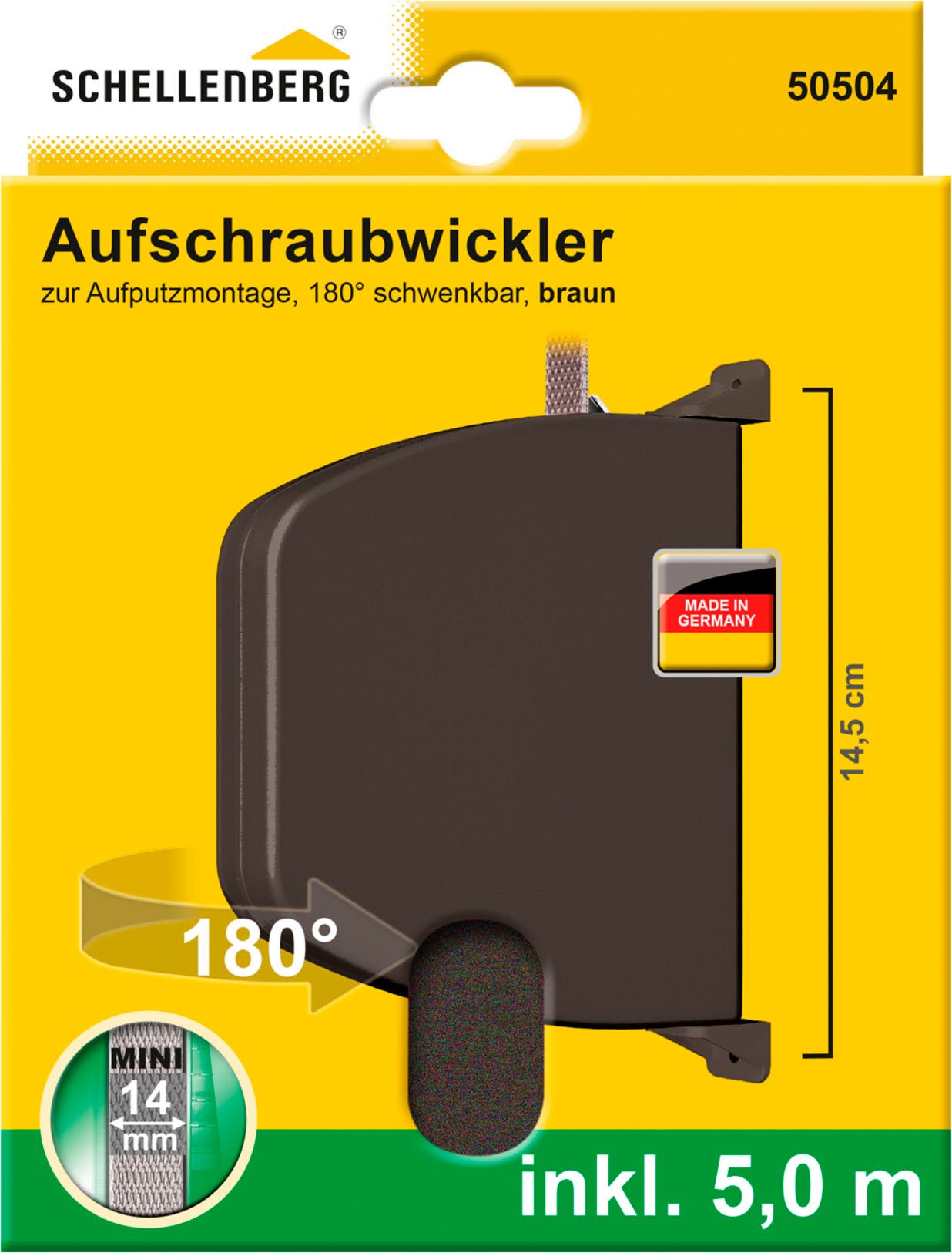 SCHELLENBERG Aufputz-Gurtwickler Aufschraubwickler für das Rollladensystem Mini, Gurtbreite 14 mm, Set, 1-tlg., schwenkbar, mit vormontiertem Rollladengurtband, braun oder weiß