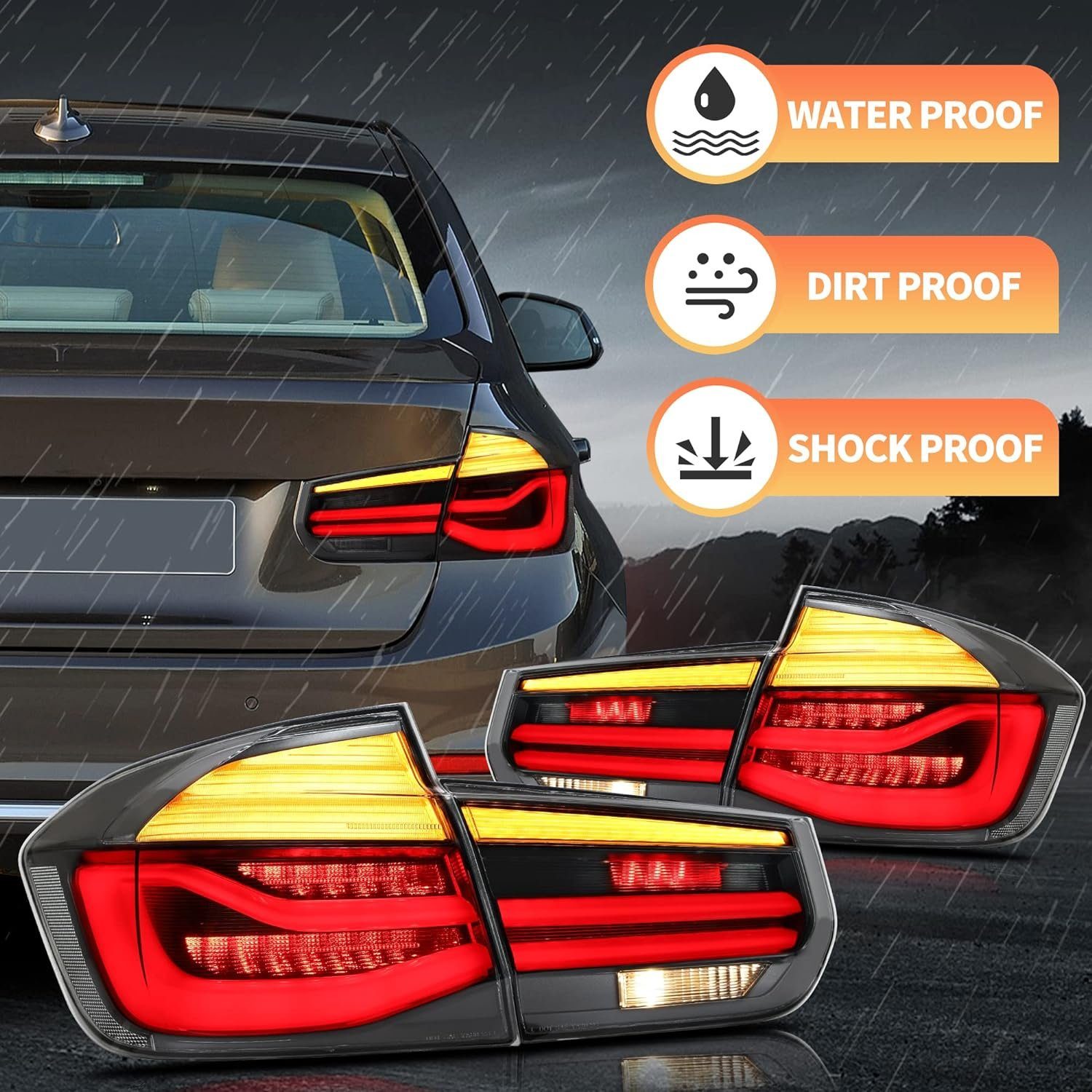 LLCTOOLS Rückleuchte Hell leuchtende LED Rückleuchte mit E-Prüfzeichen passend für BMW, 3er F30 Limousine, F35 Limousine, F80 M3 (10/2011-06/2019), Rücklicht, Bremslicht, Blinklicht und Rückfahrlicht, Voll LED, LED fest integriert, Dynamischer Blinker, Hochwertiges LED Rücklicht Auto mit Bremsfunktion