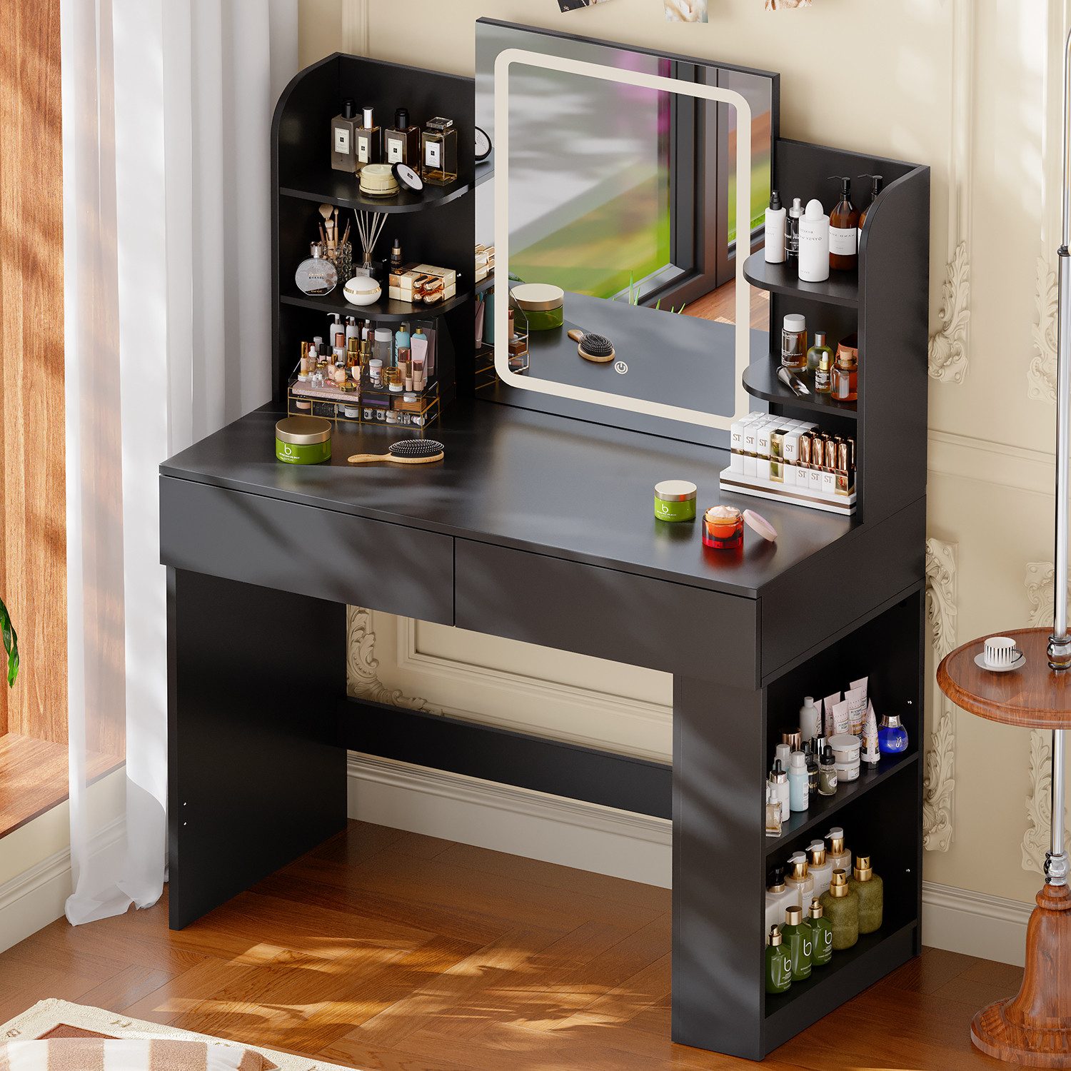 HOMALL Schminktisch mit Spiegel, LED-Beleuchtung, einstellbare Helligkeit, ostern (Länge × Breite × Höhe) 90/110 × 40 × 135 cm, 8 offene Fächer (2 seitliche Fächer sind nach links und rechts verschiebbar), 2 große Schubladen – Ostergeschenk)