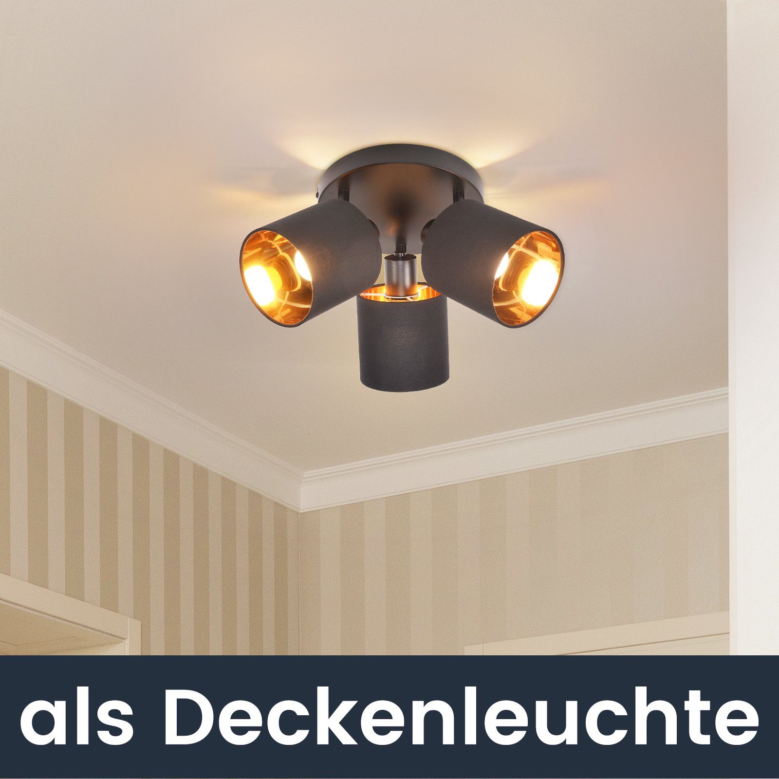 ZMH Deckenleuchte 3 Flammig E14 Deckenstrahler Vintage Deckenspot Schwenkbar, ohne Leuchtmittel, Stoffschrim Modern für Wohnzimmer Schlafzimmer Küche