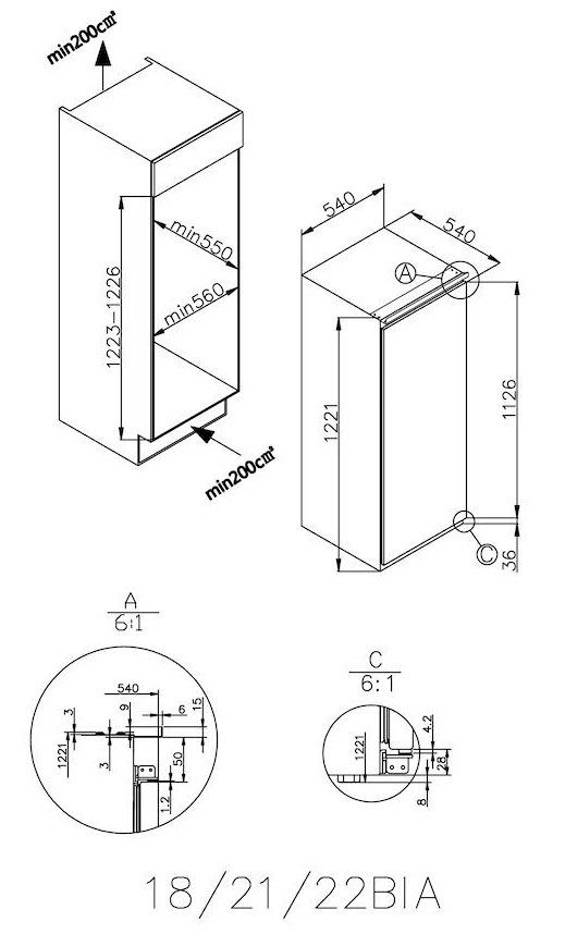 CIL NE/N, 122,1 54 breit cm Candy Einbaukühlschrank hoch, cm 220